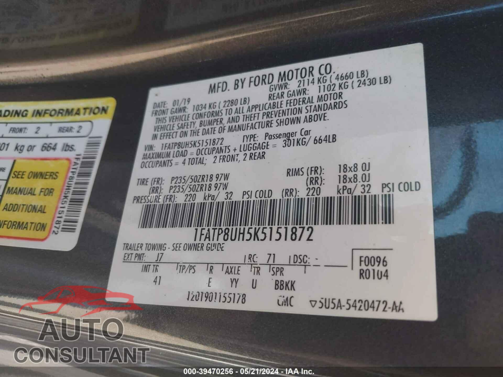 FORD MUSTANG 2019 - 1FATP8UH5K5151872