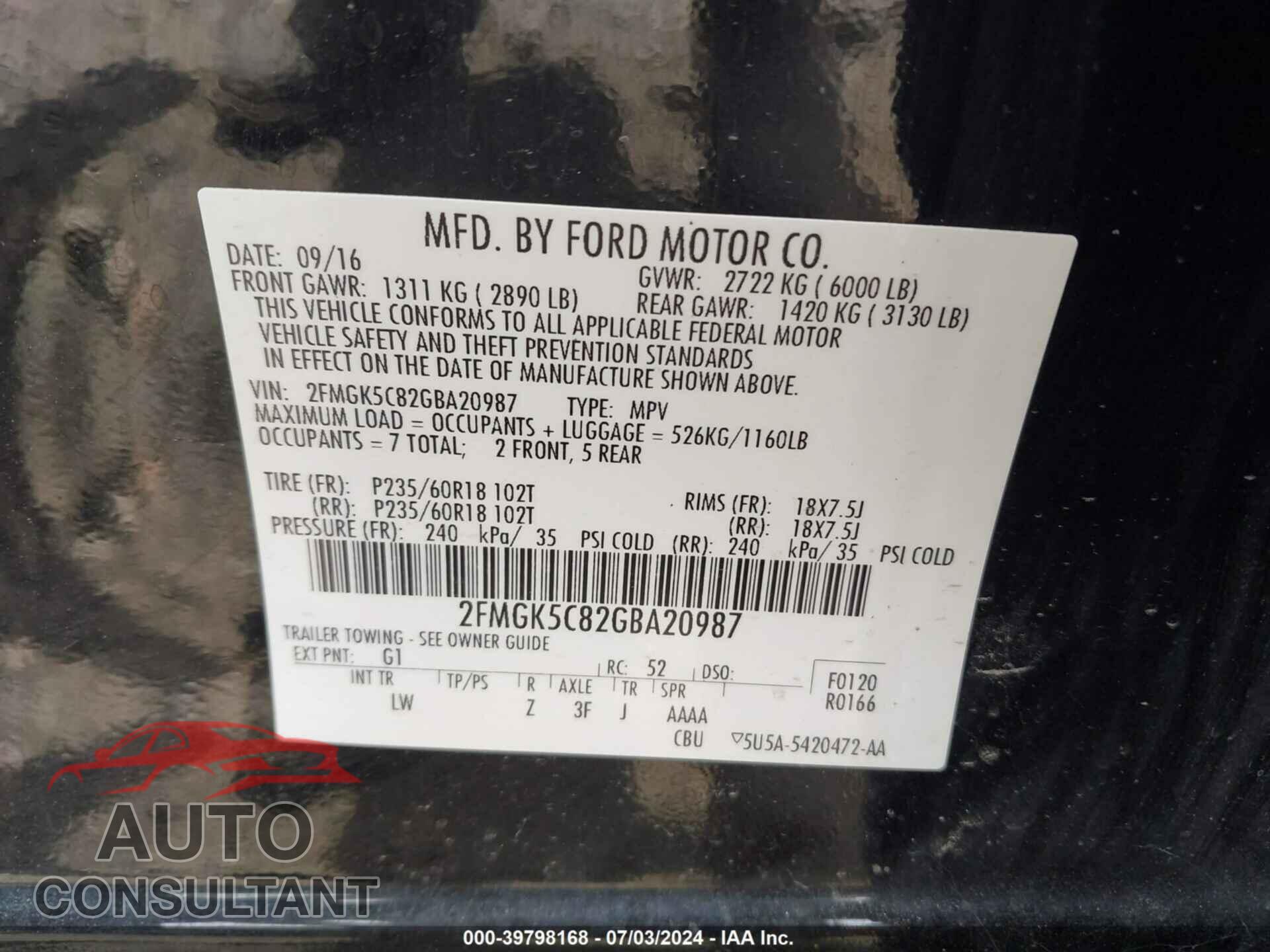 FORD FLEX 2016 - 2FMGK5C82GBA20987