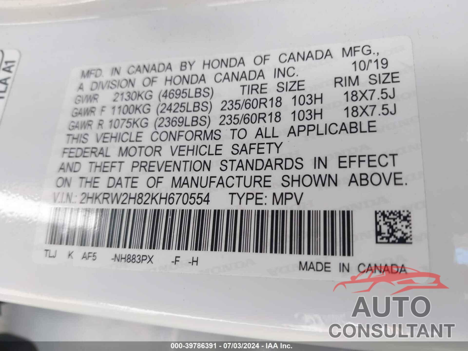 HONDA CR-V 2019 - 2HKRW2H82KH670554