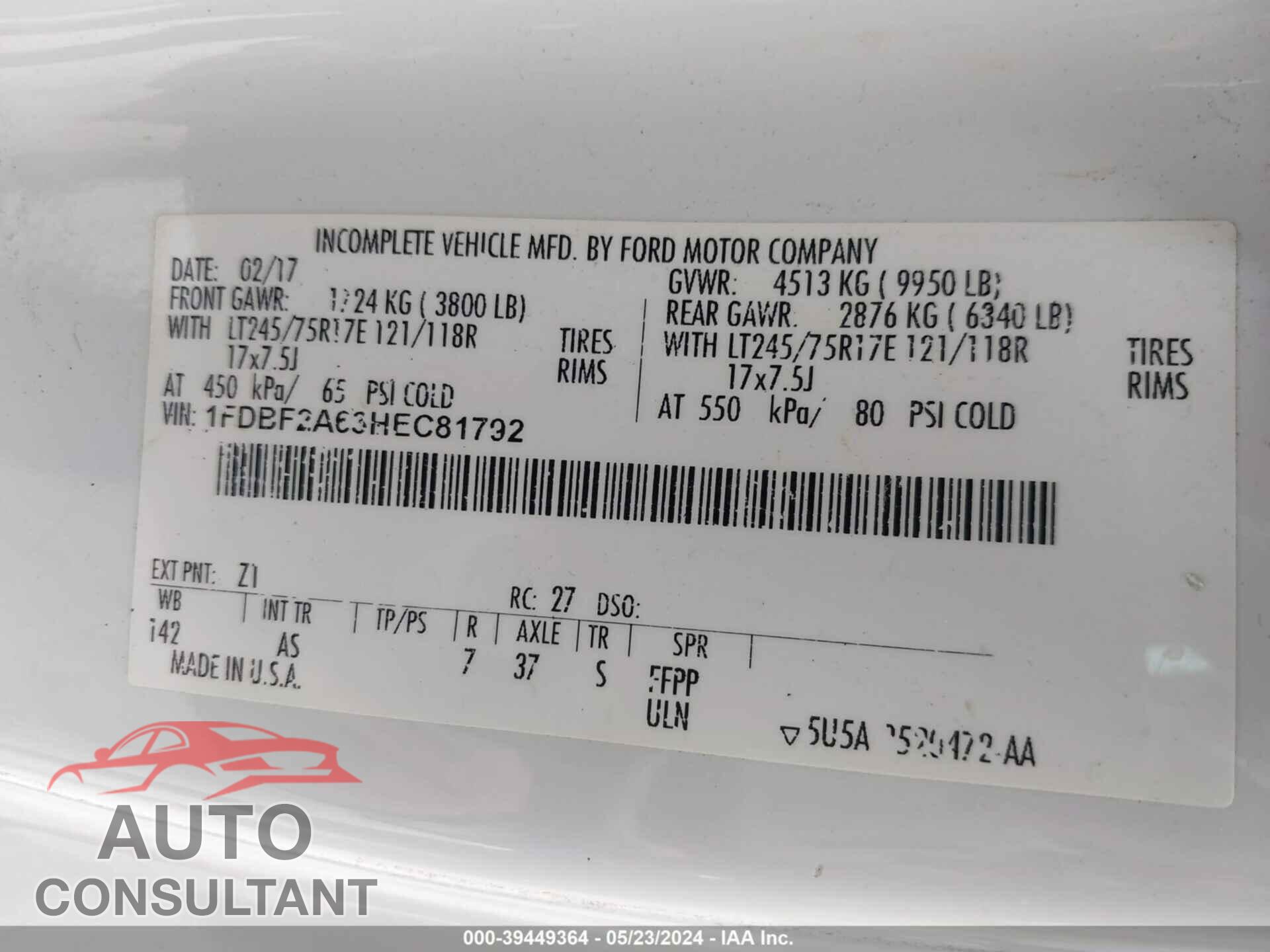 FORD F-250 2017 - 1FDBF2A63HEC81792