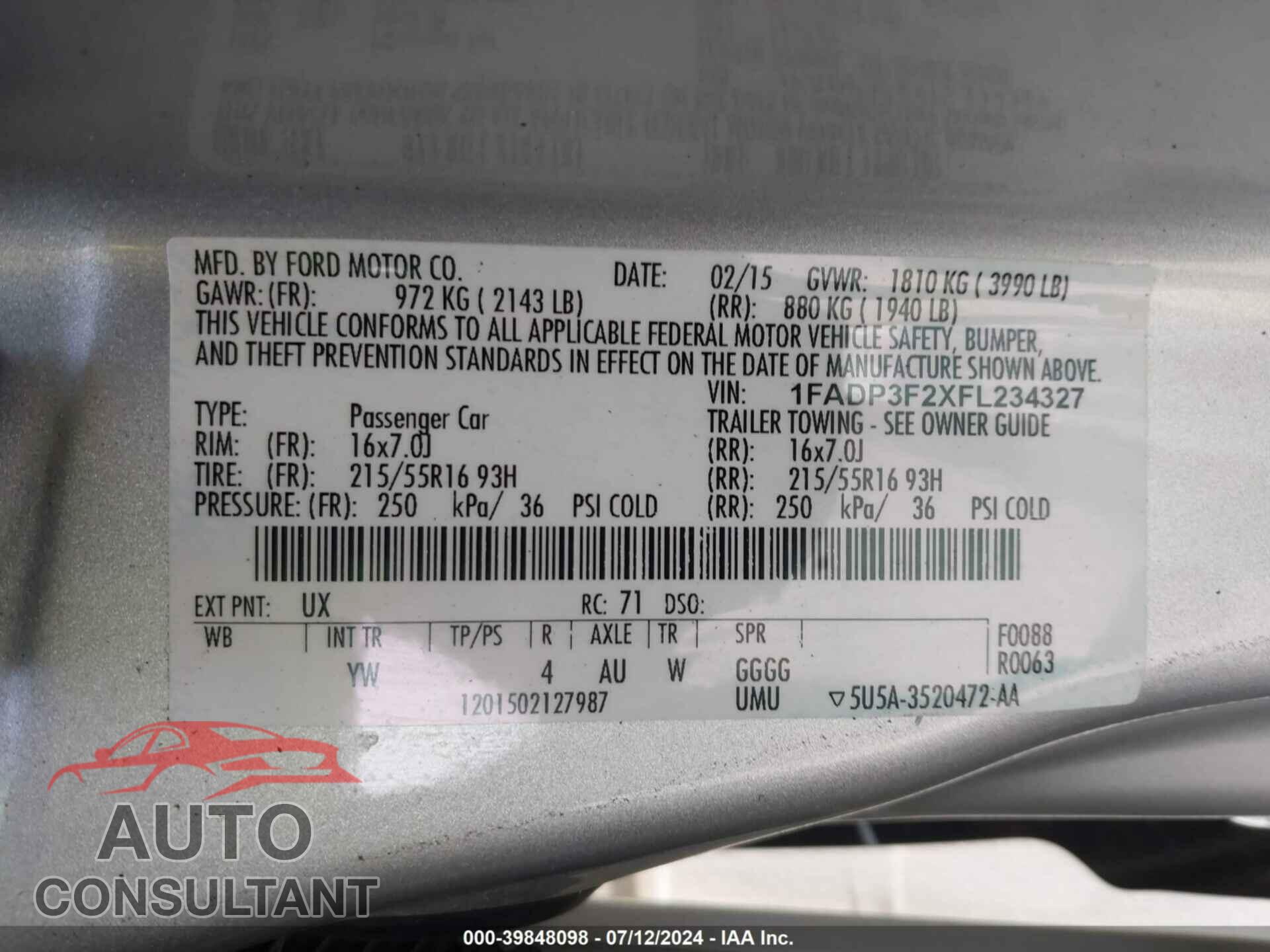 FORD FOCUS 2015 - 1FADP3F2XFL234327