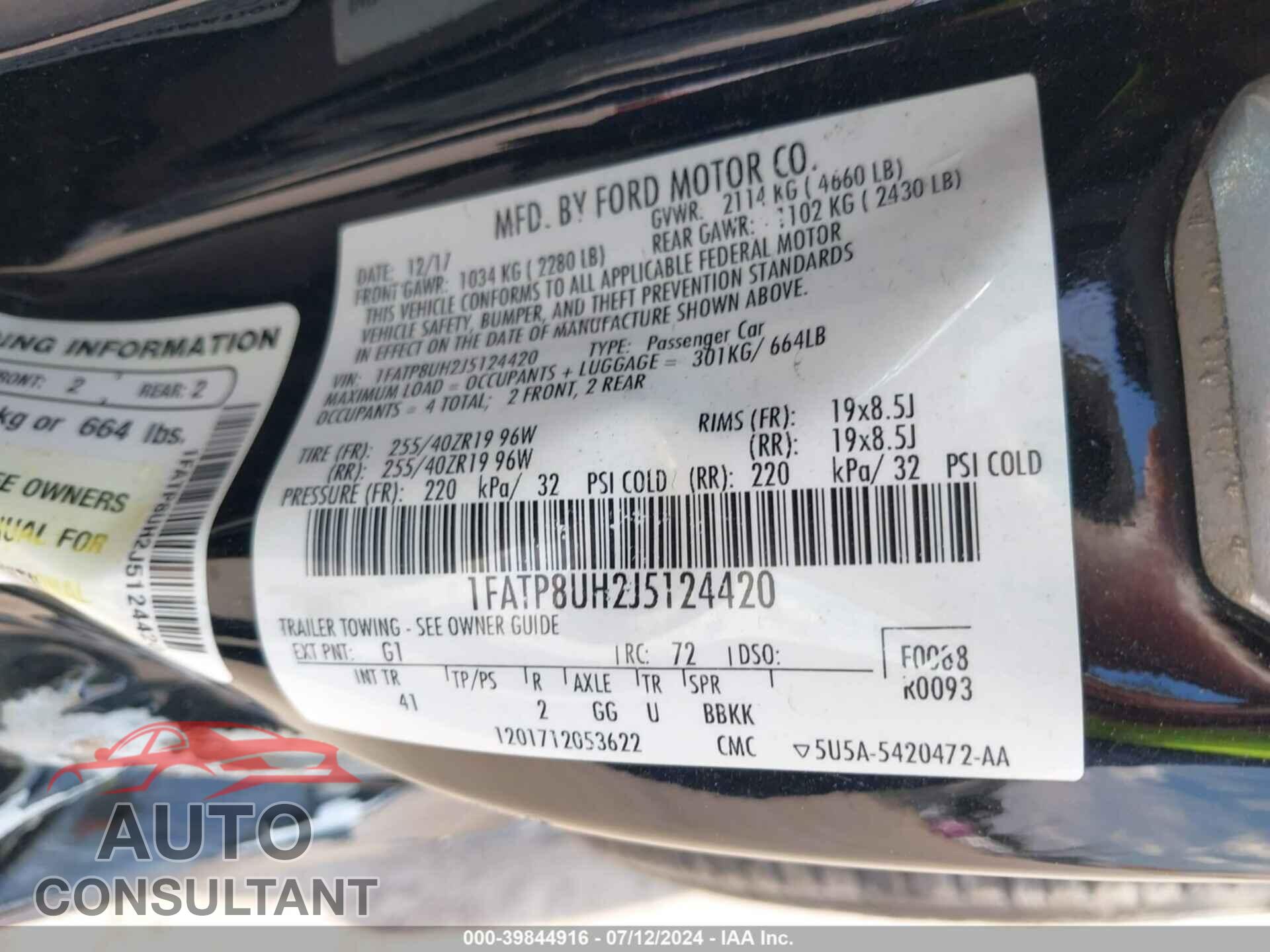 FORD MUSTANG 2018 - 1FATP8UH2J5124420