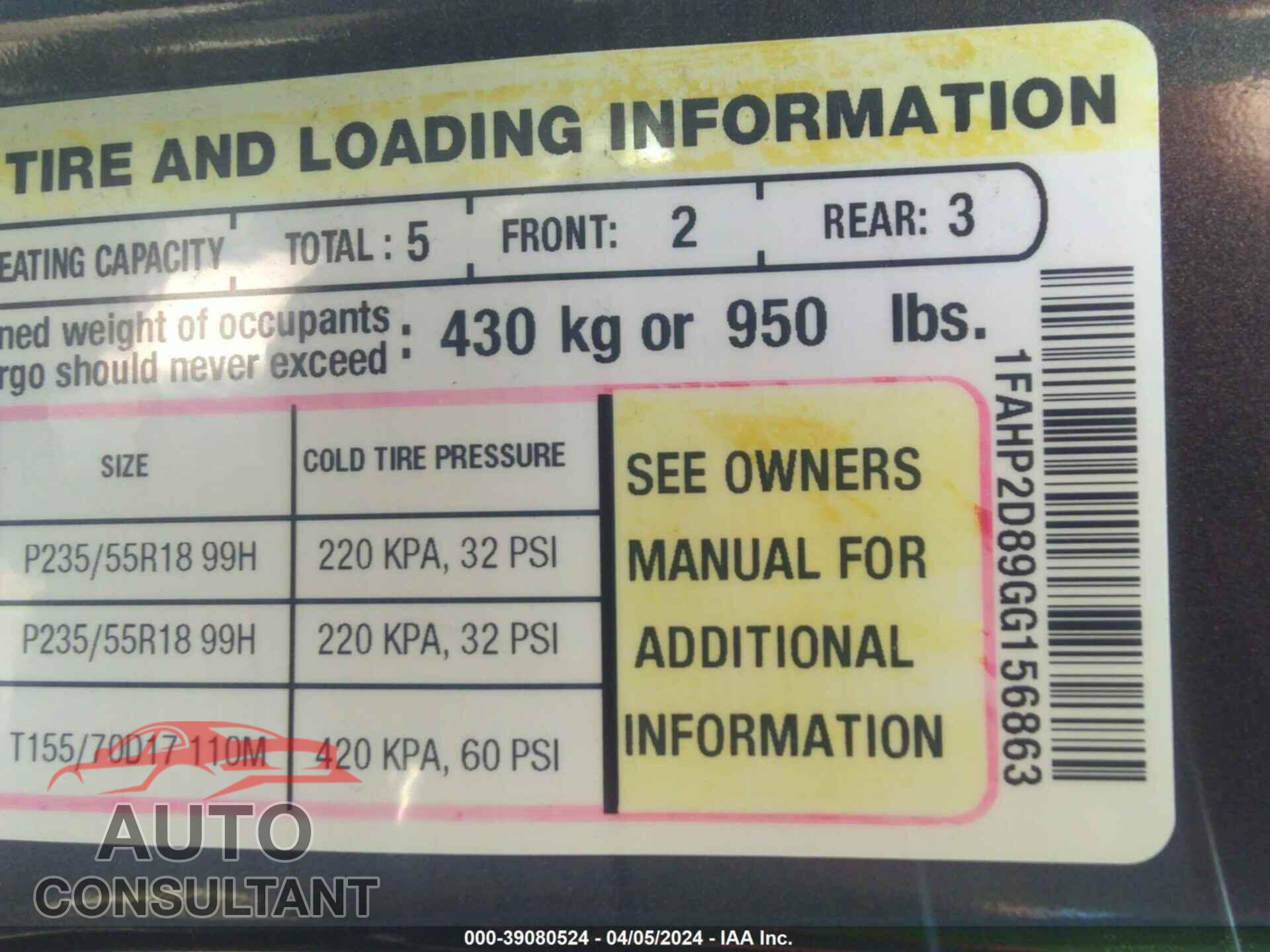 FORD TAURUS 2016 - 1FAHP2D89GG156863