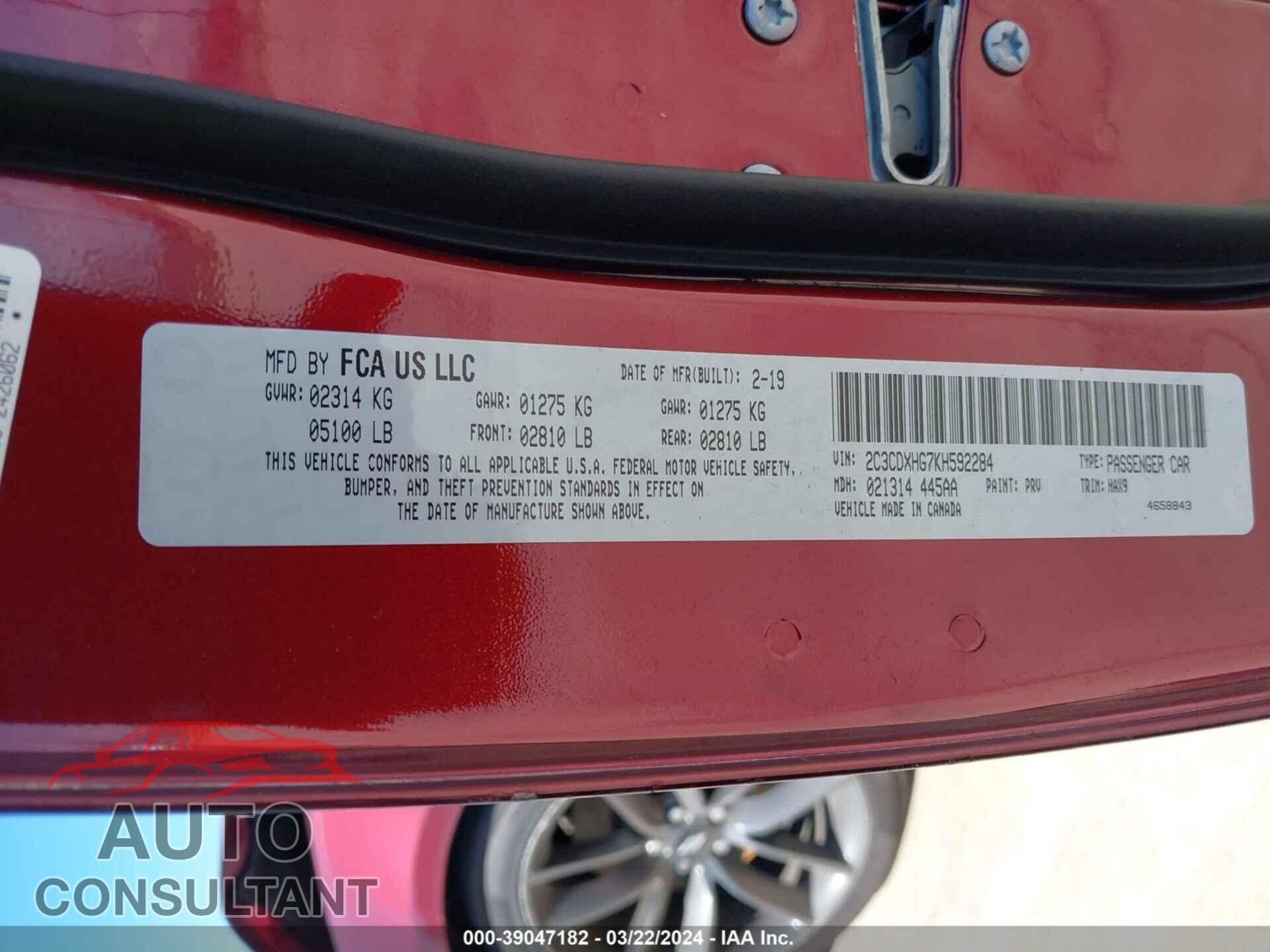 DODGE CHARGER 2019 - 2C3CDXHG7KH592284