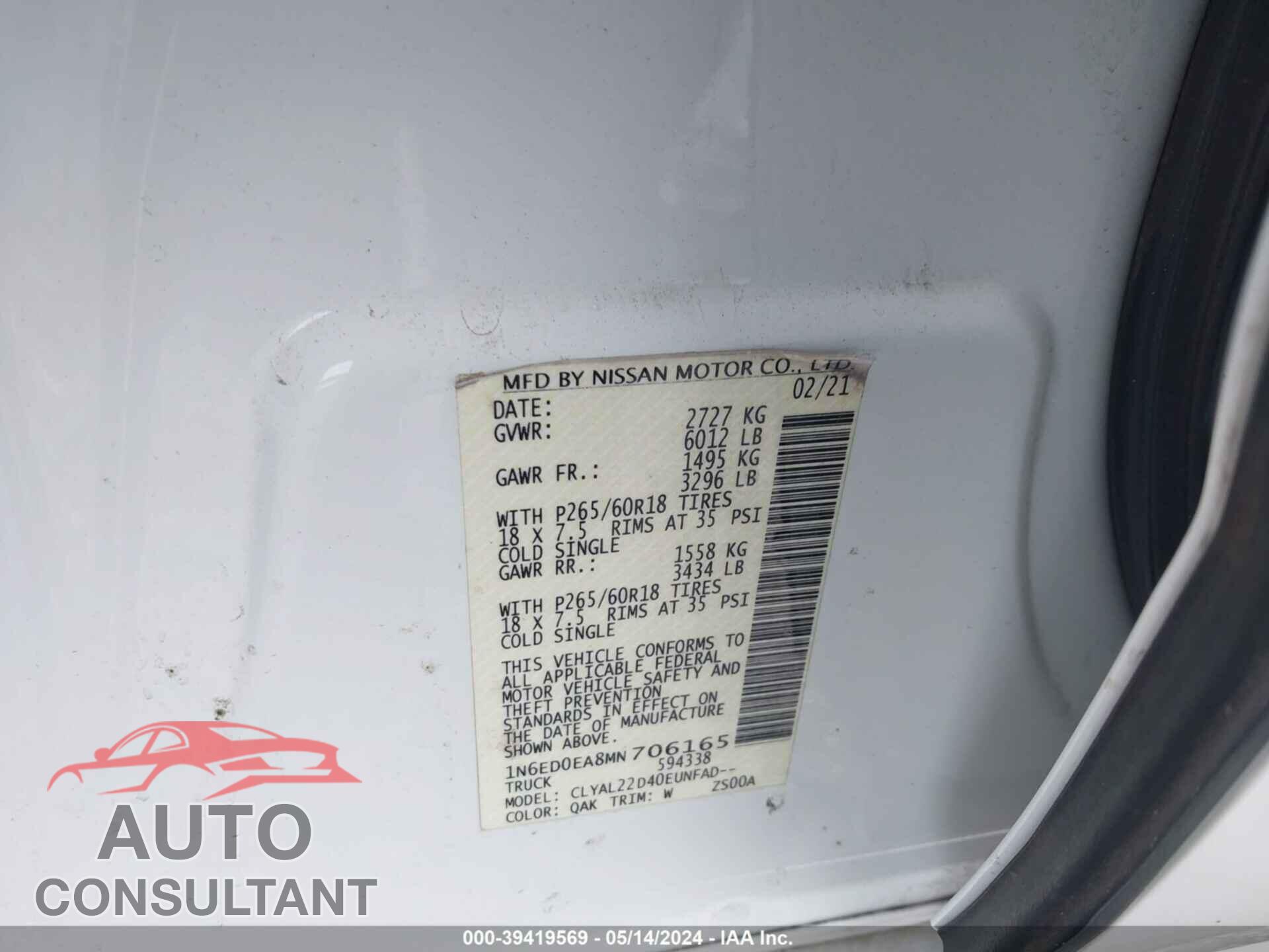 NISSAN FRONTIER 2021 - 1N6ED0EA8MN706165
