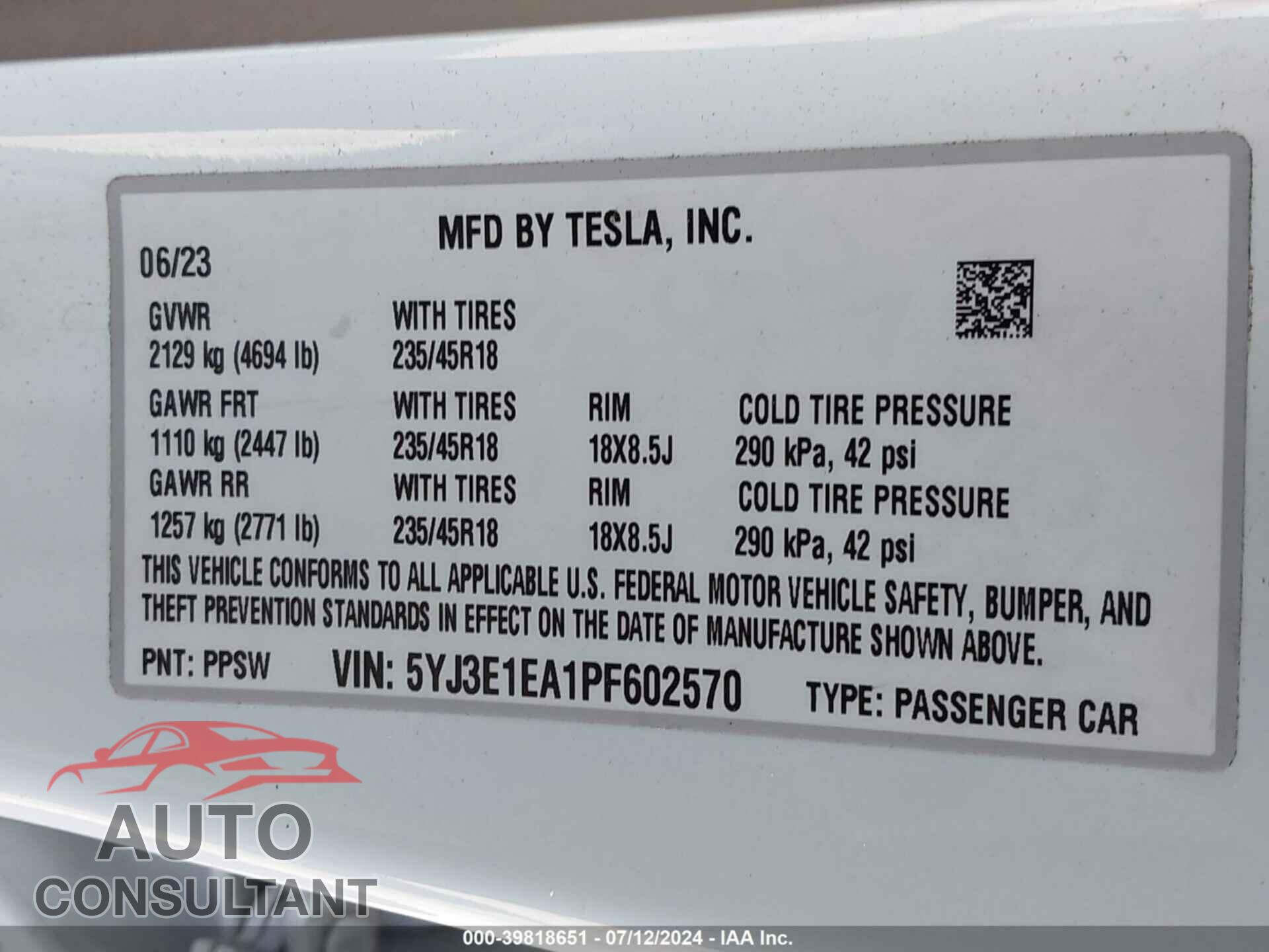 TESLA MODEL 3 2023 - 5YJ3E1EA1PF602570