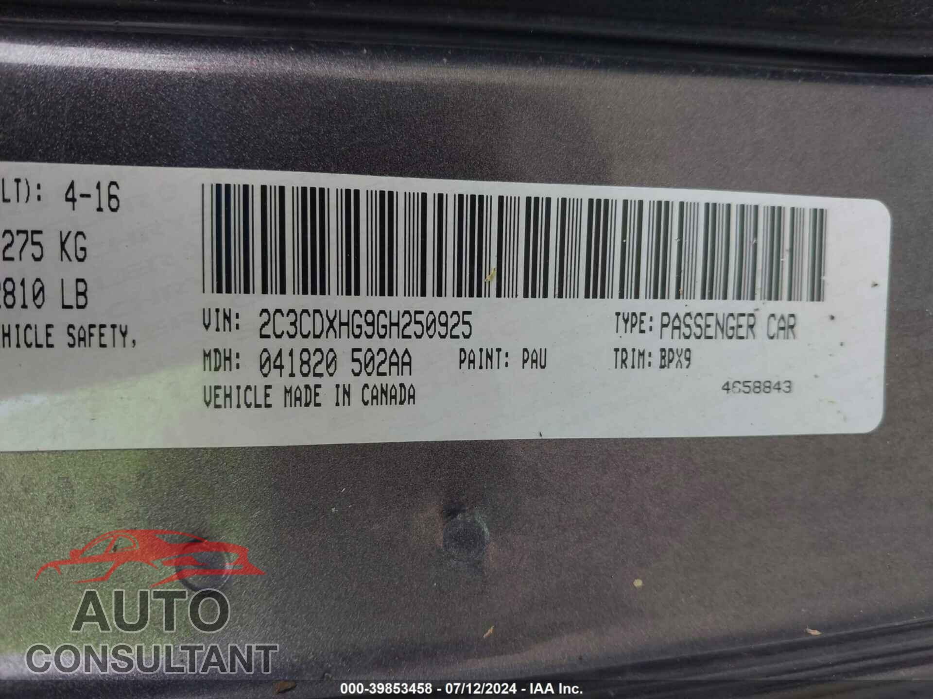 DODGE CHARGER 2016 - 2C3CDXHG9GH250925