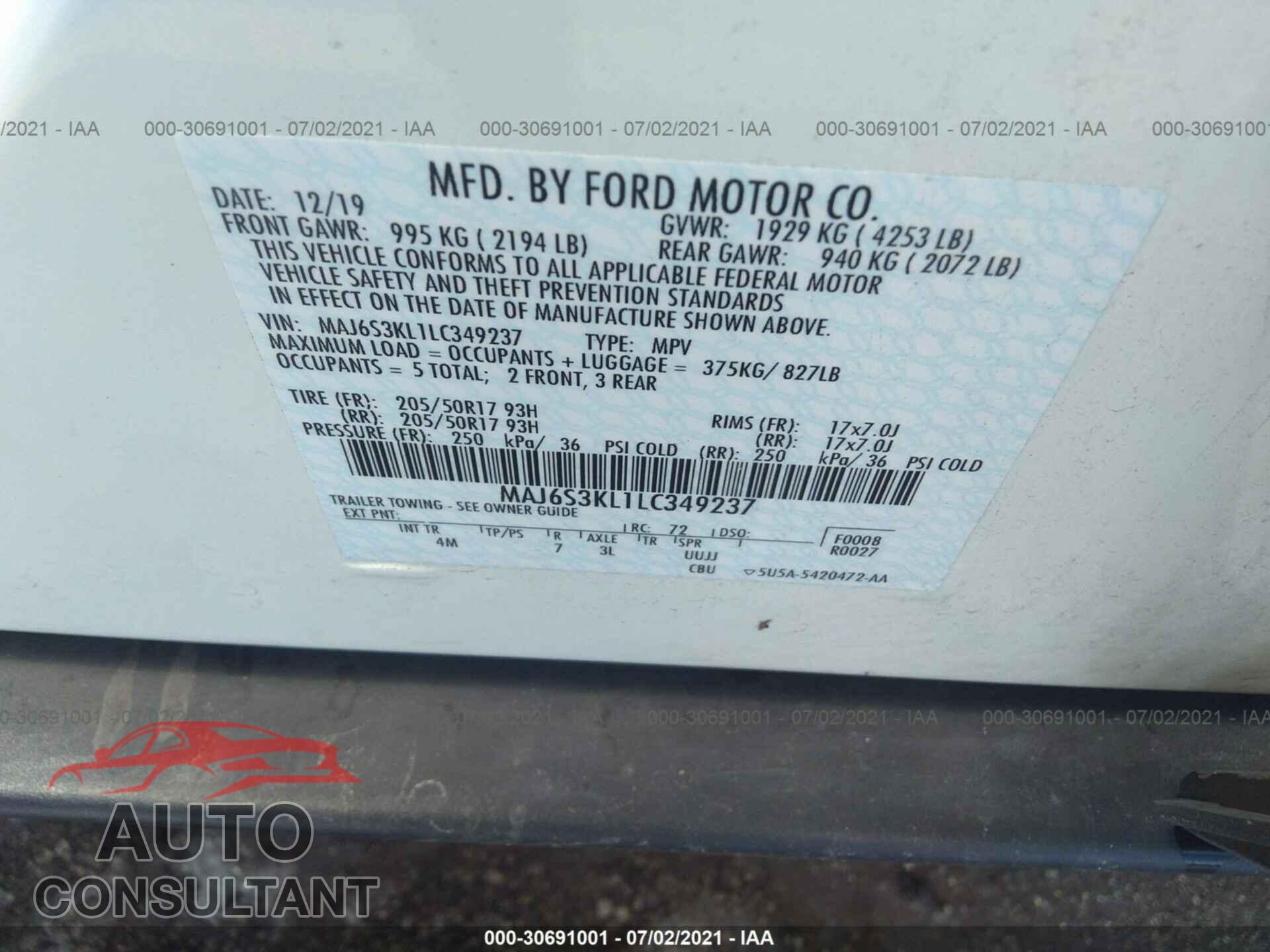 FORD ECOSPORT 2020 - MAJ6S3KL1LC349237