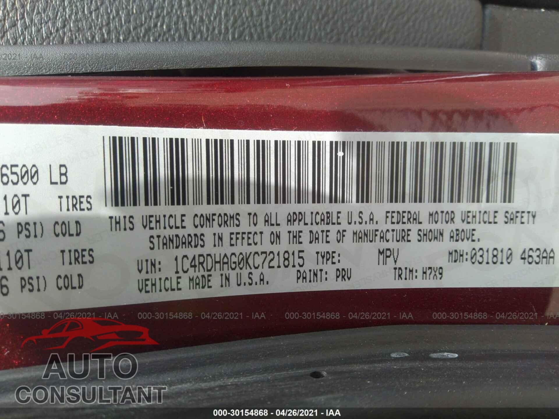 DODGE DURANGO 2019 - 1C4RDHAG0KC721815