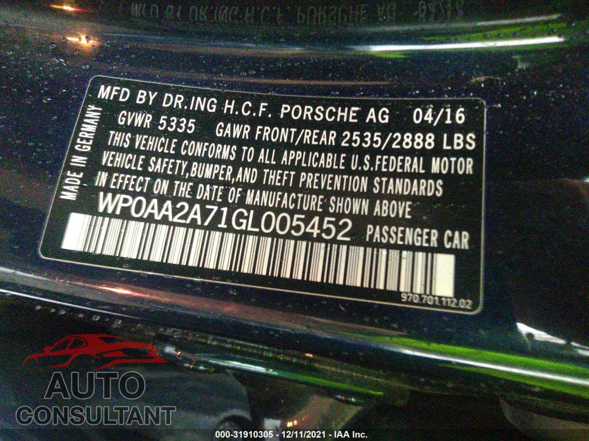 PORSCHE PANAMERA 2016 - WP0AA2A71GL005452