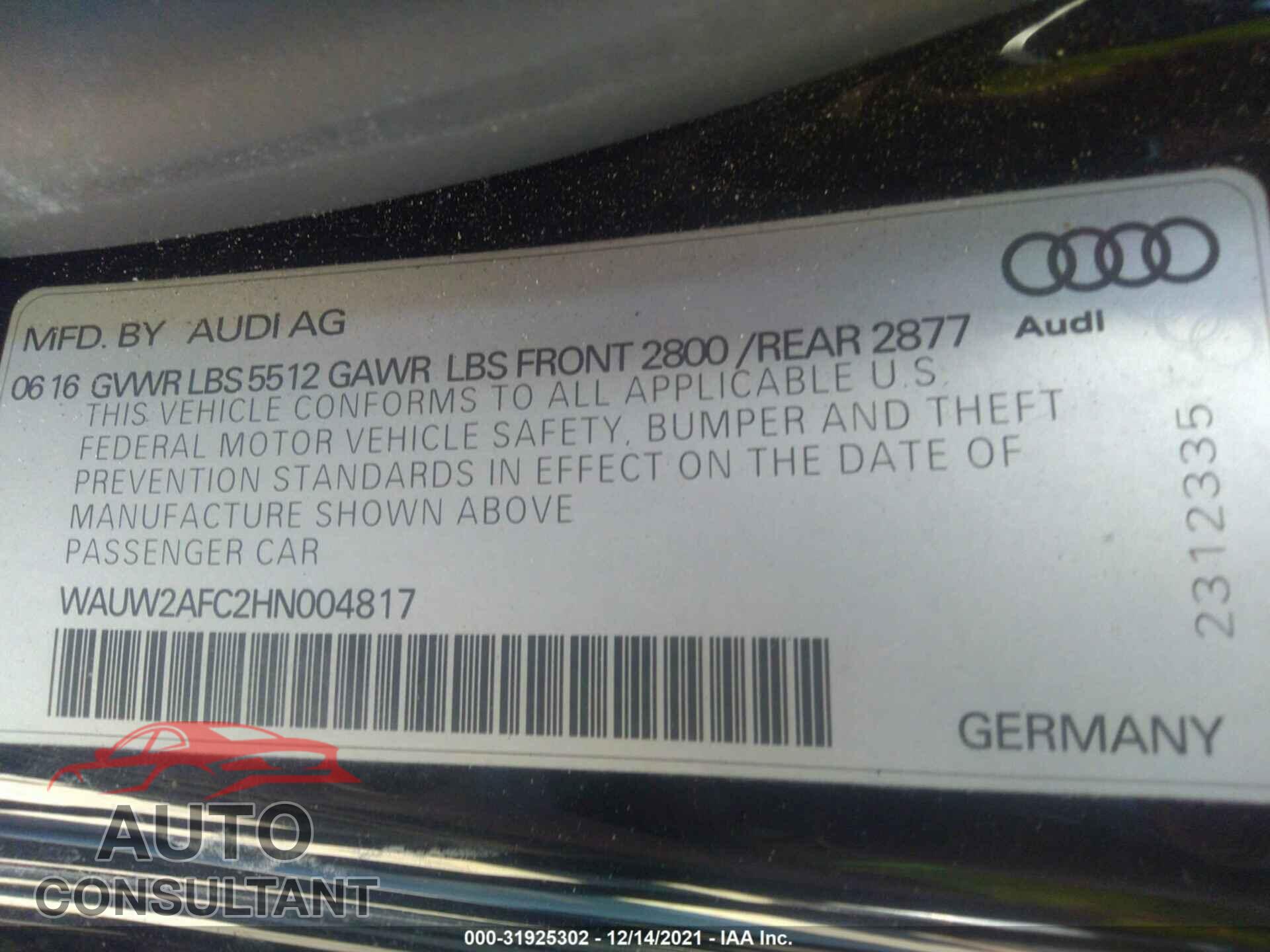 AUDI A7 2017 - WAUW2AFC2HN004817