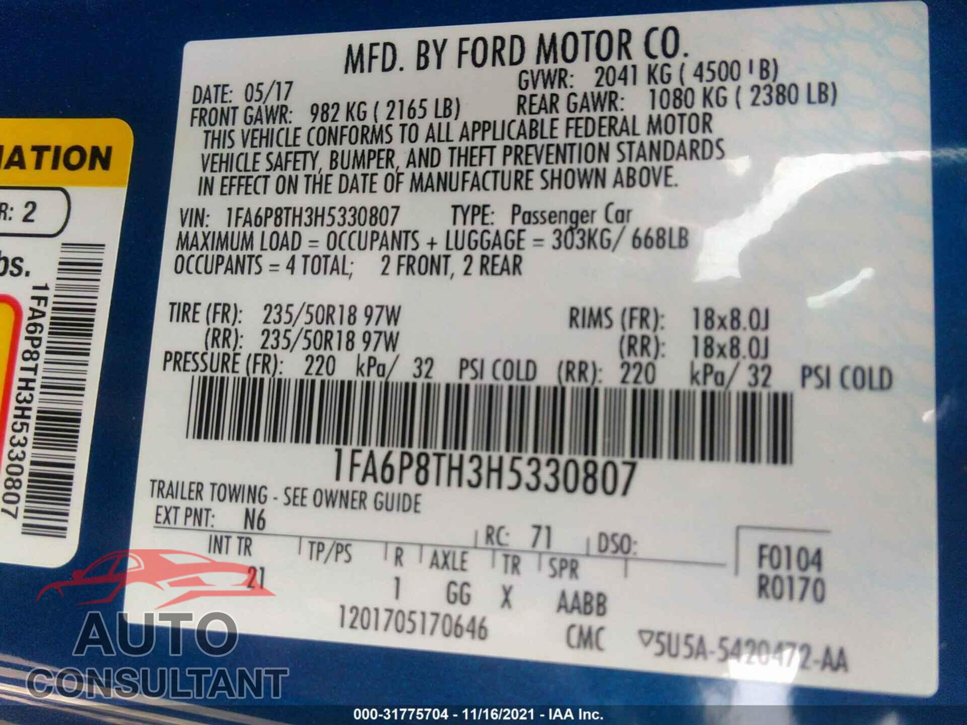 FORD MUSTANG 2017 - 1FA6P8TH3H5330807