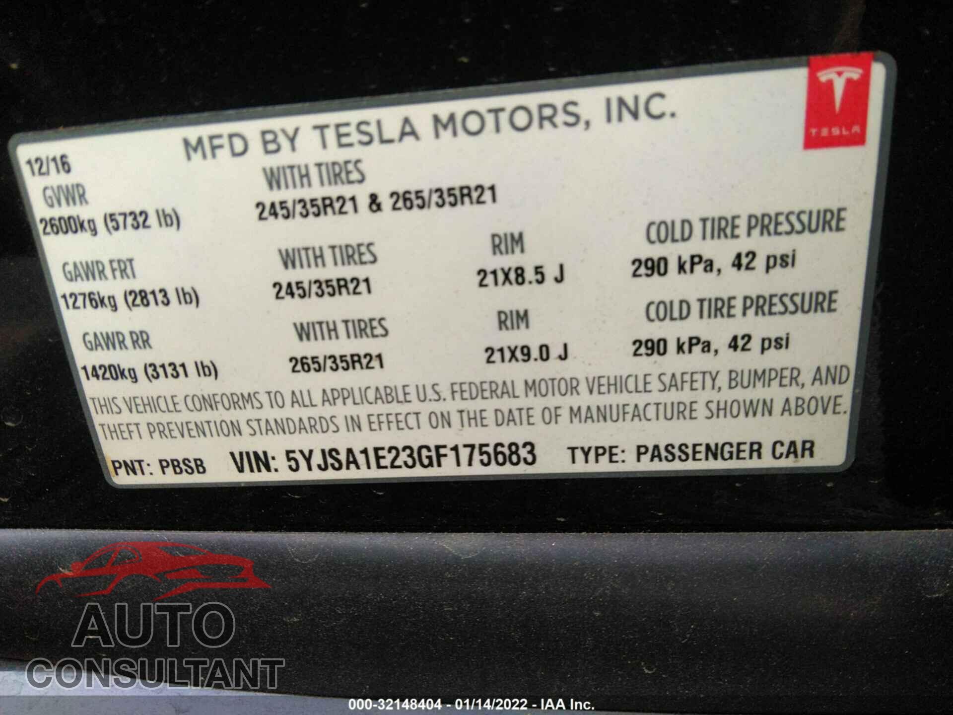 TESLA MODEL S 2016 - 5YJSA1E23GF175683