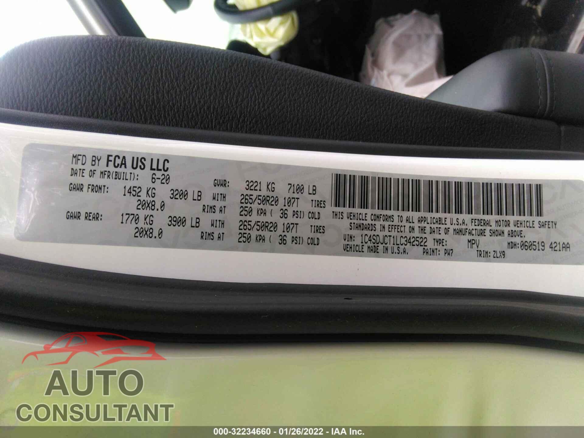 DODGE DURANGO 2020 - 1C4SDJCT1LC342522