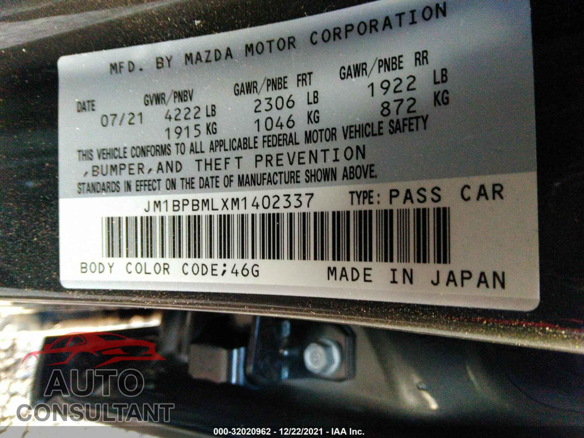 MAZDA MAZDA3 HATCHBACK 2021 - JM1BPBMLXM1402337