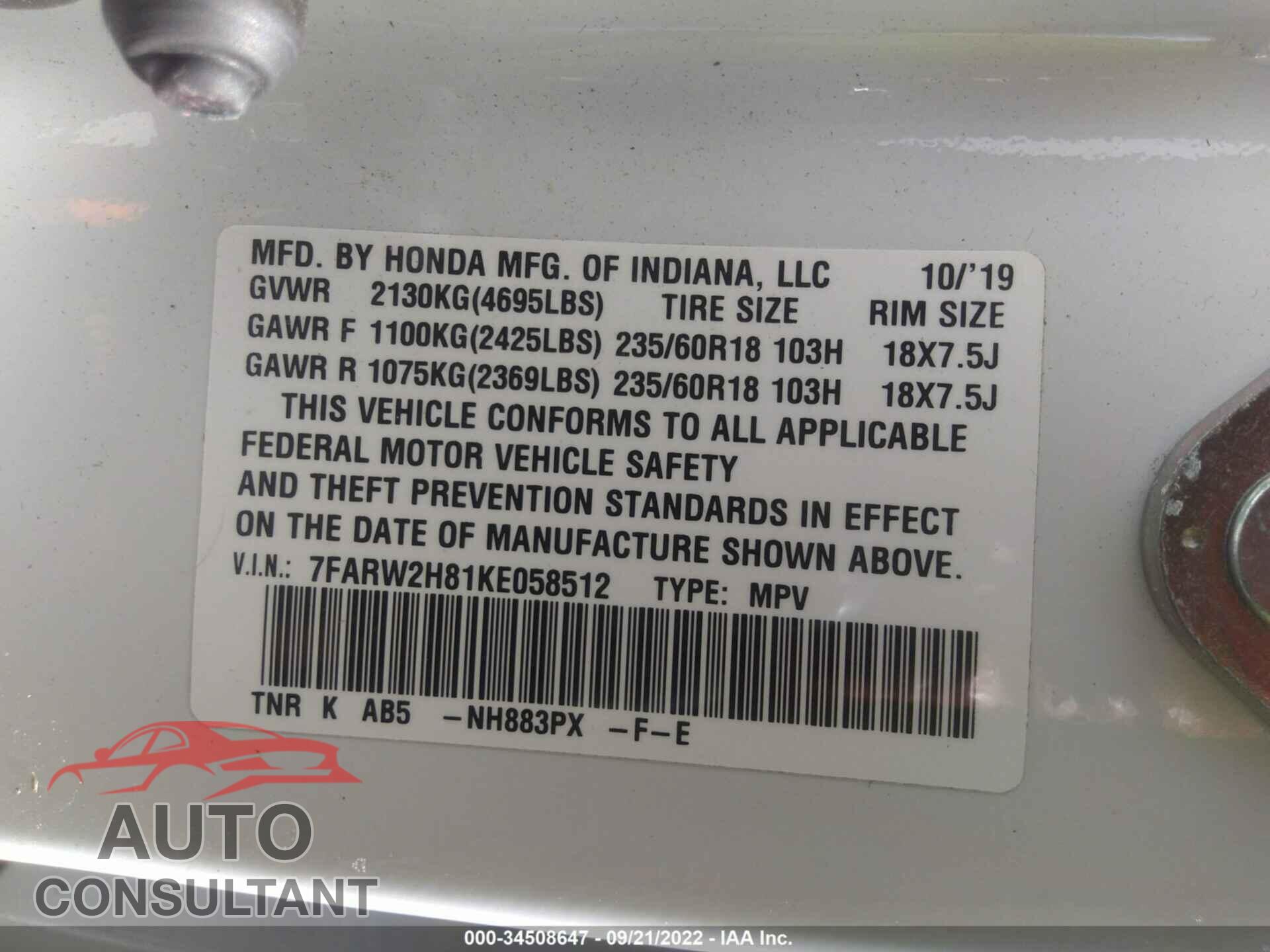 HONDA CR-V 2019 - 7FARW2H81KE058512