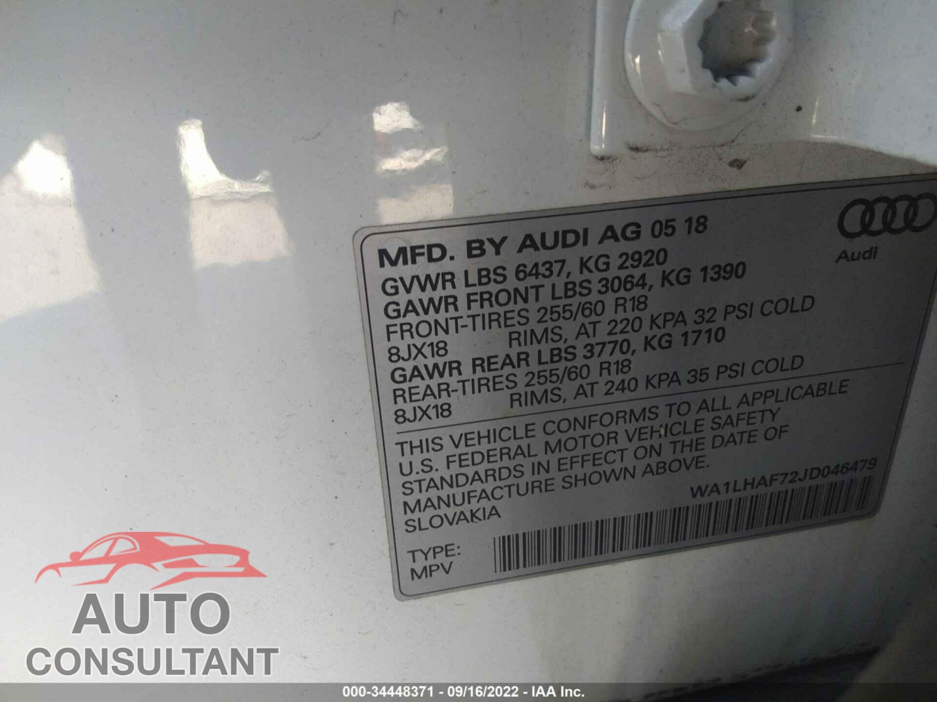AUDI Q7 2018 - WA1LHAF72JD046479