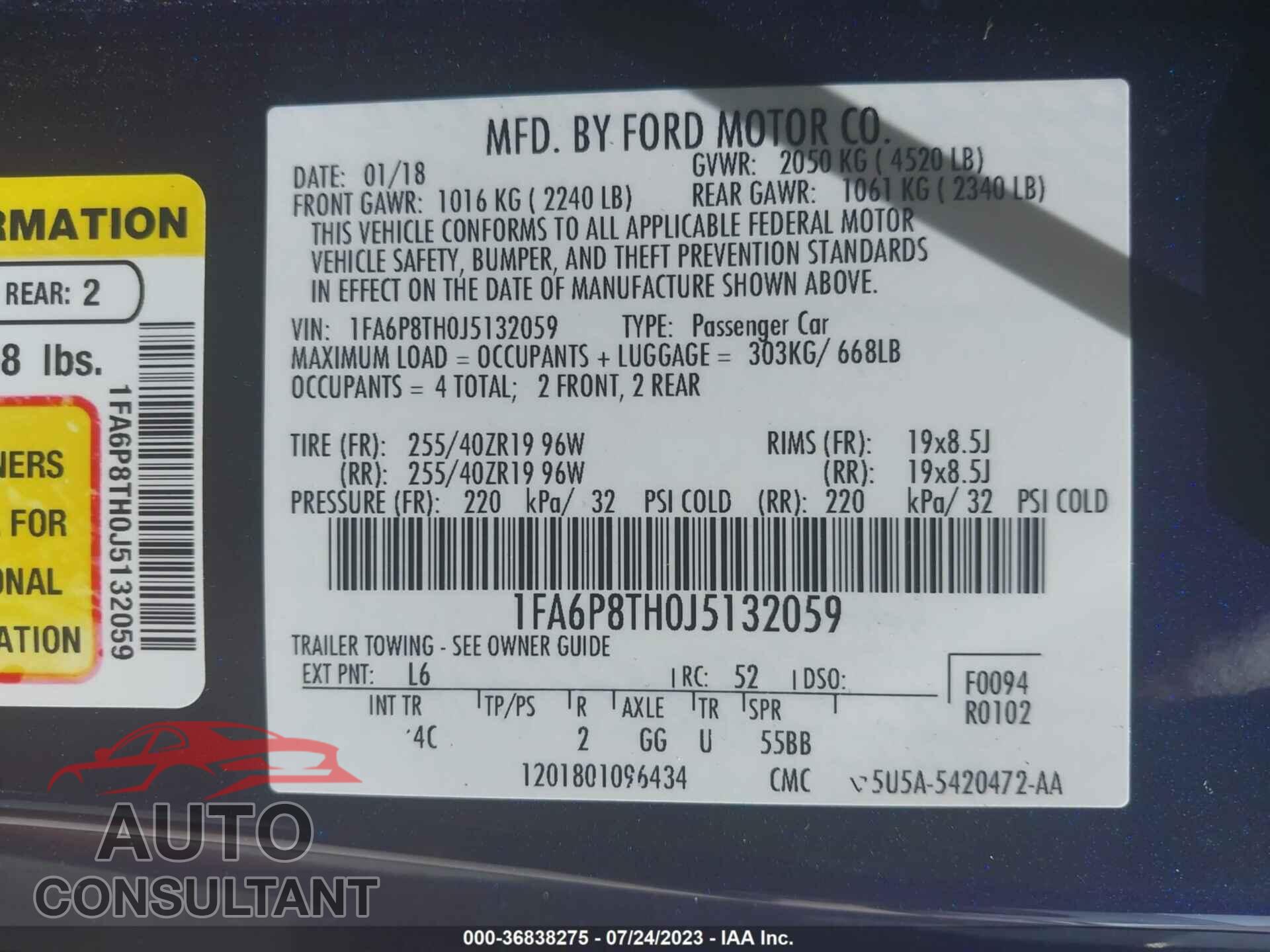 FORD MUSTANG 2018 - 1FA6P8TH0J5132059