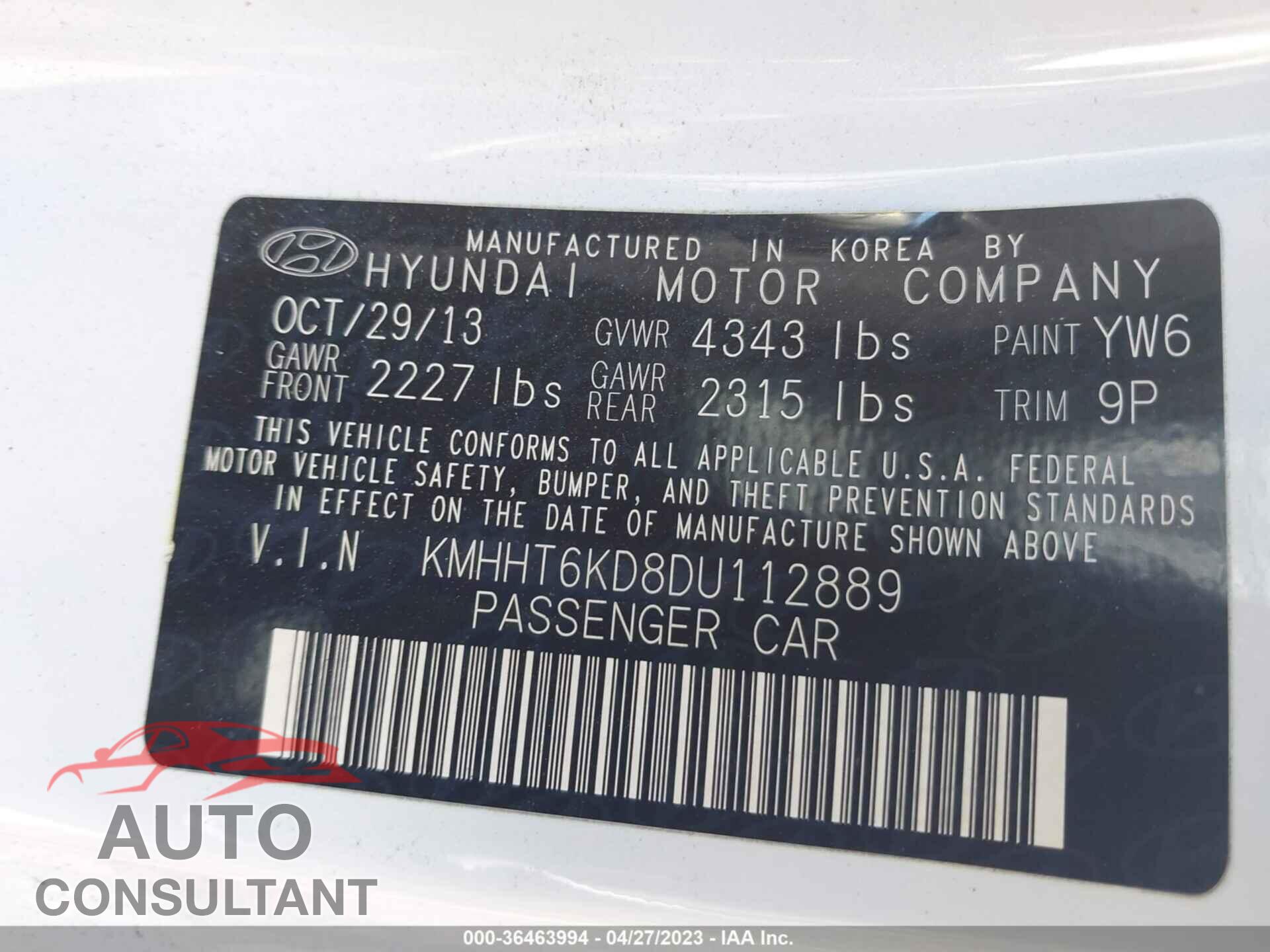 HYUNDAI GENESIS 2013 - KMHHT6KD8DU112889