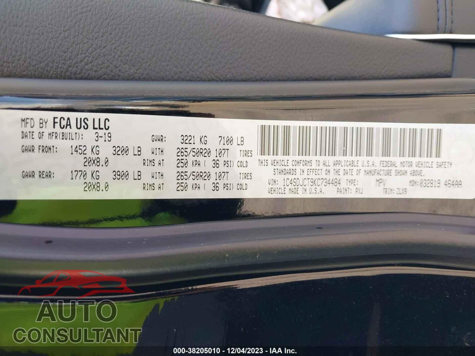DODGE DURANGO 2019 - 1C4SDJCT9KC734484
