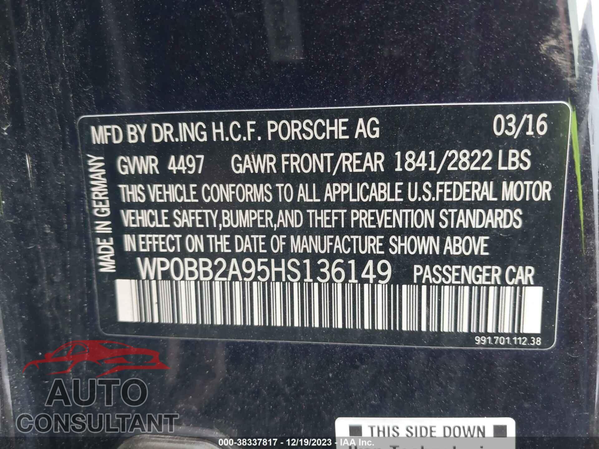 PORSCHE 911 2017 - WP0BB2A95HS136149