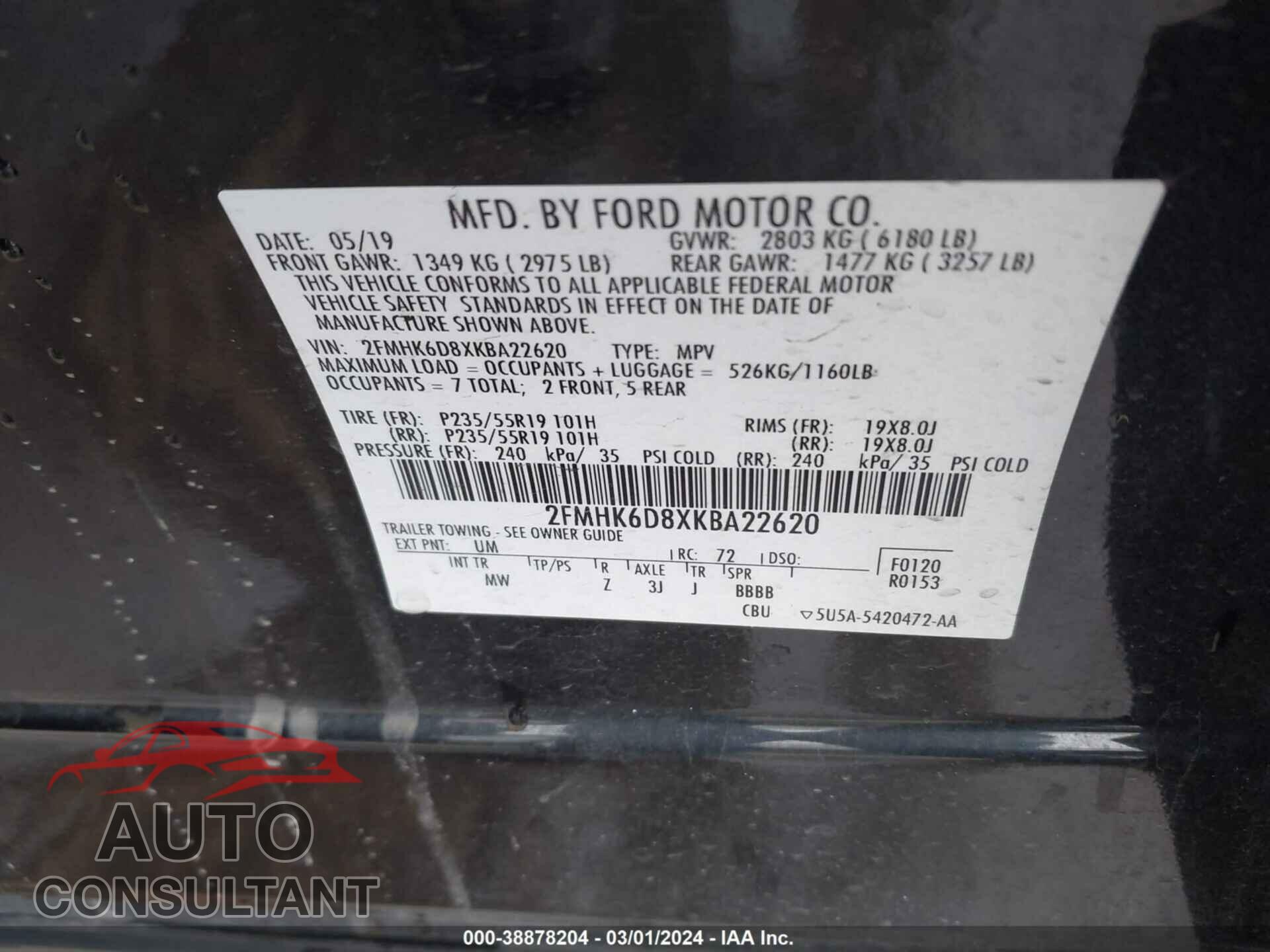 FORD FLEX 2019 - 2FMHK6D8XKBA22620
