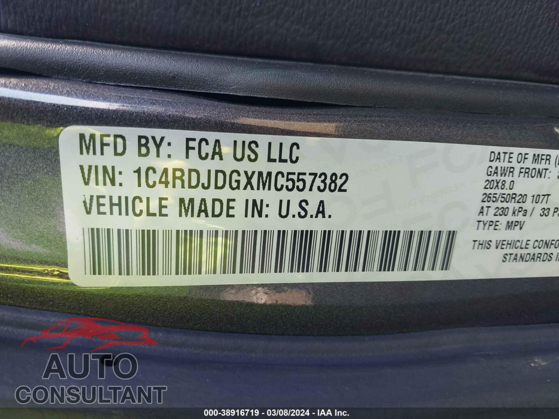 DODGE DURANGO 2021 - 1C4RDJDGXMC557382