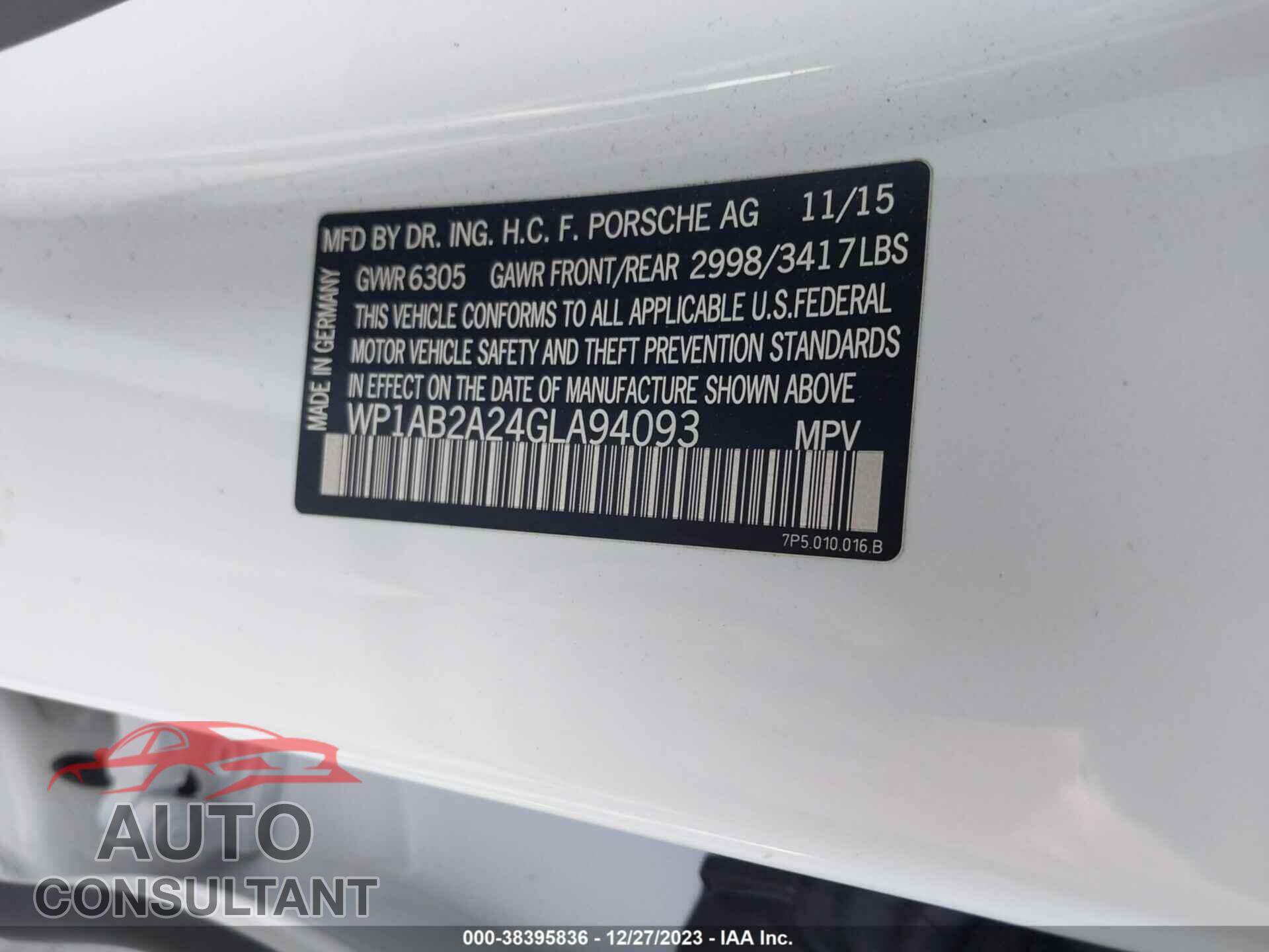 PORSCHE CAYENNE 2016 - WP1AB2A24GLA94093