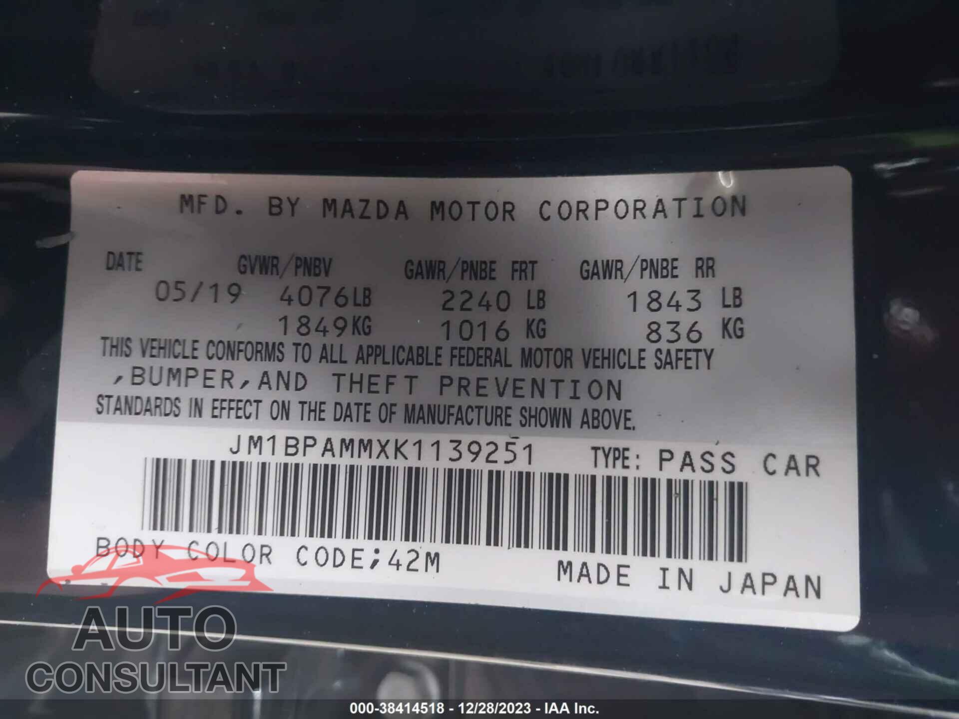 MAZDA MAZDA3 2019 - JM1BPAMMXK1139251