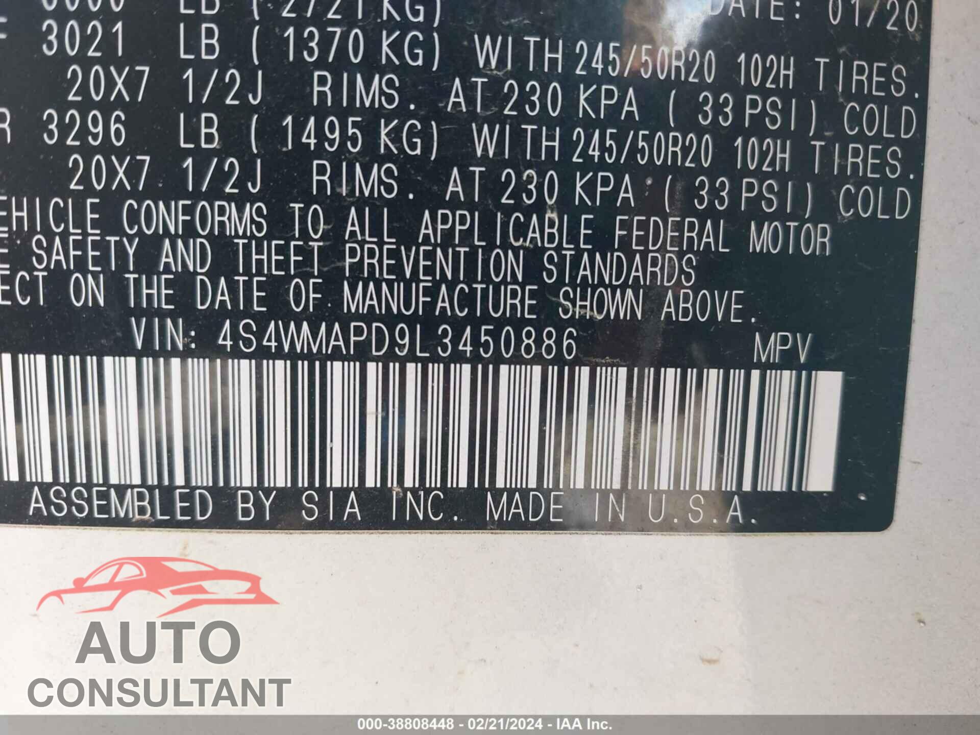 SUBARU ASCENT 2020 - 4S4WMAPD9L3450886