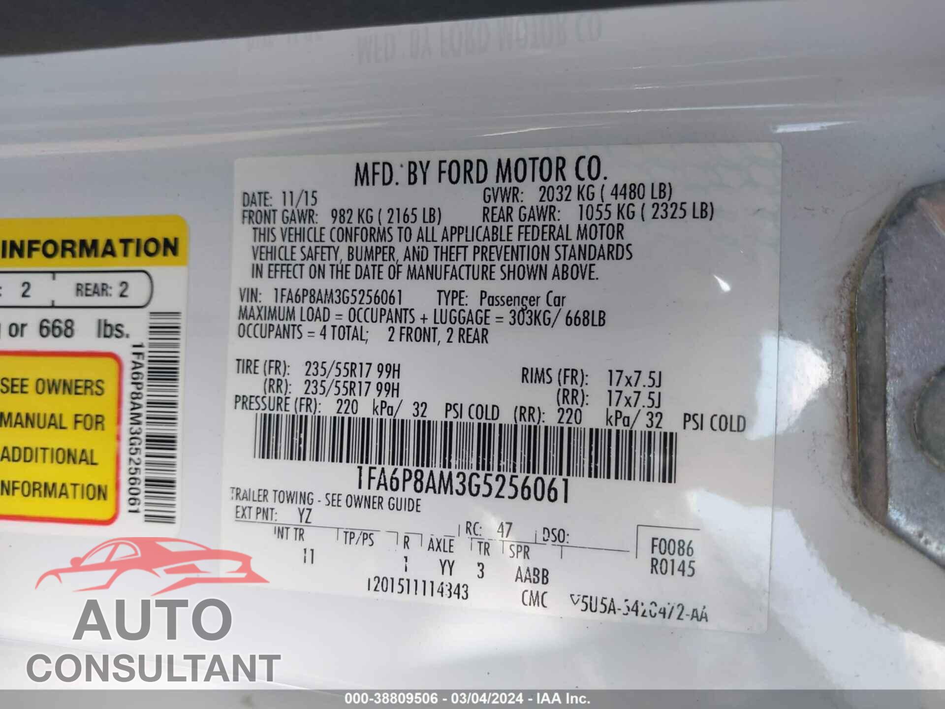 FORD MUSTANG 2016 - 1FA6P8AM3G5256061