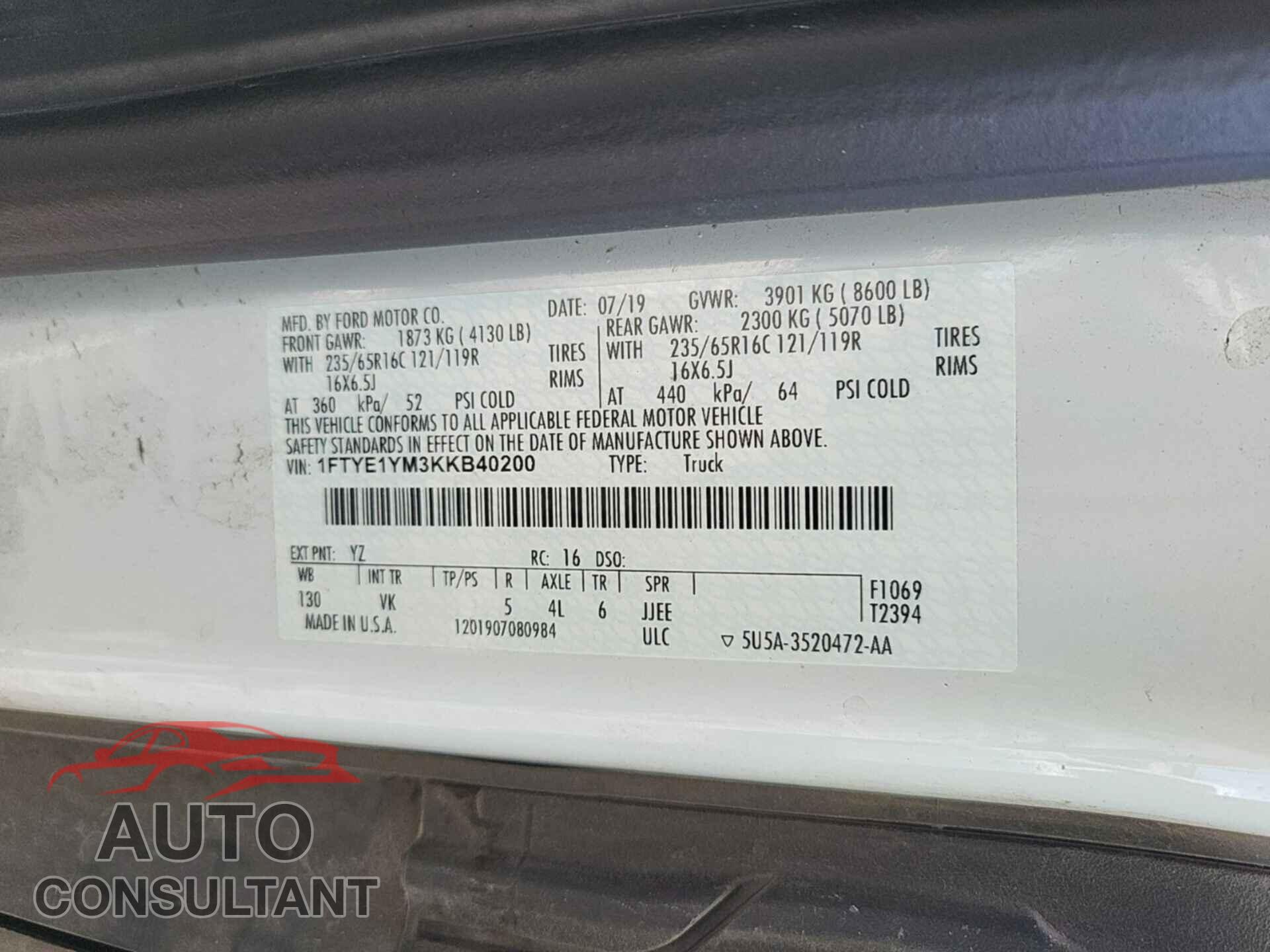 FORD TRANSIT 2019 - 1FTYE1YM3KKB40200