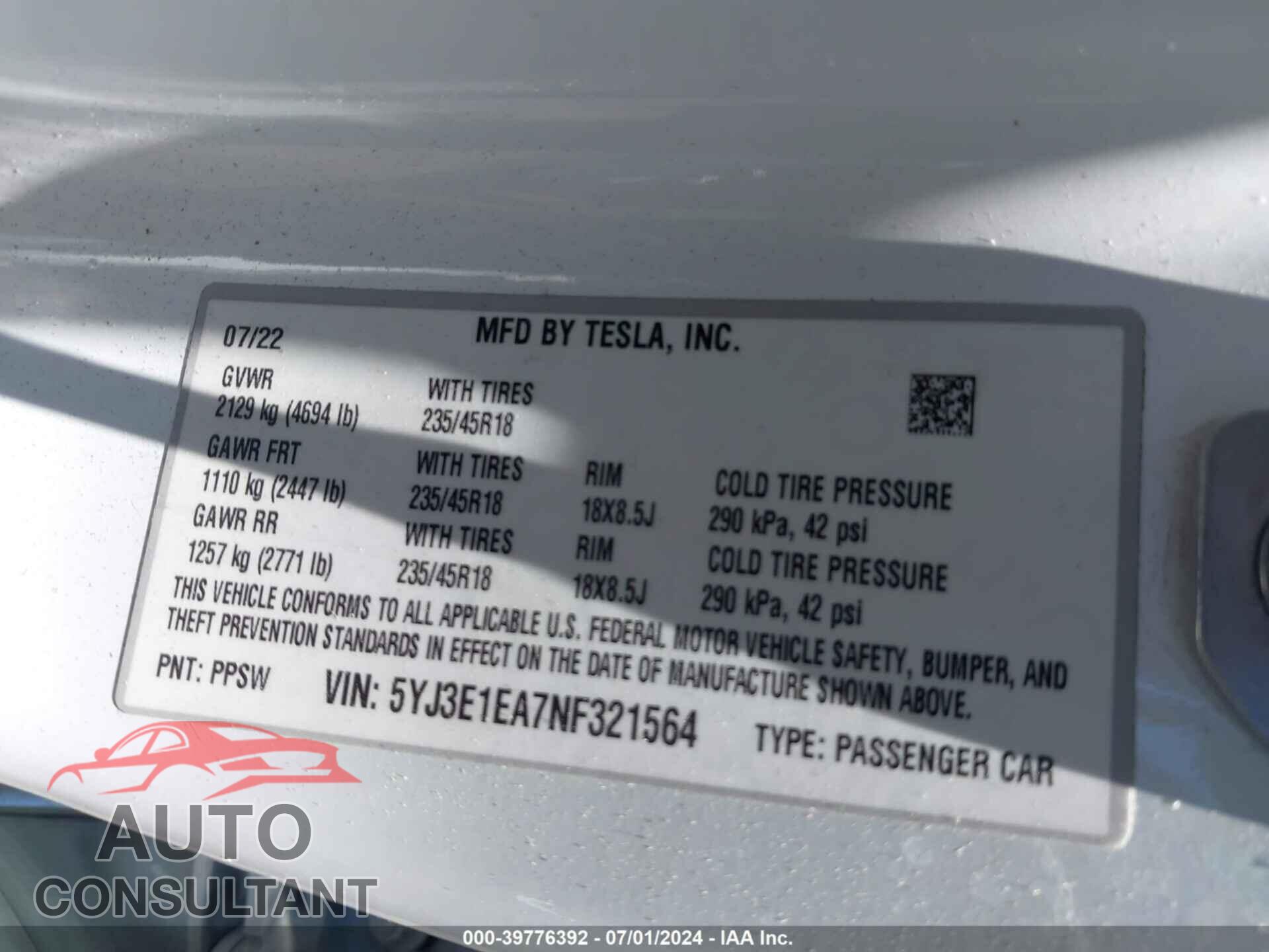 TESLA MODEL 3 2022 - 5YJ3E1EA7NF321564