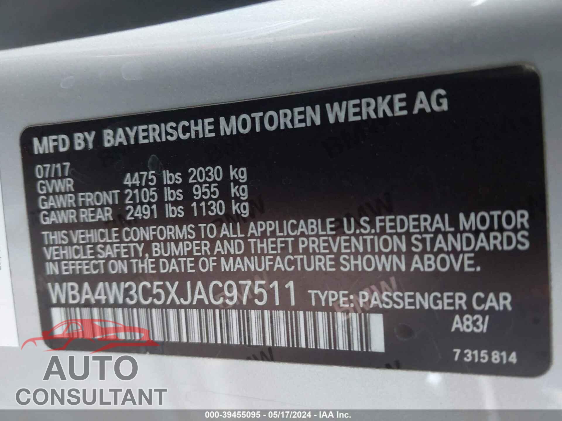 BMW 430I 2018 - WBA4W3C5XJAC97511