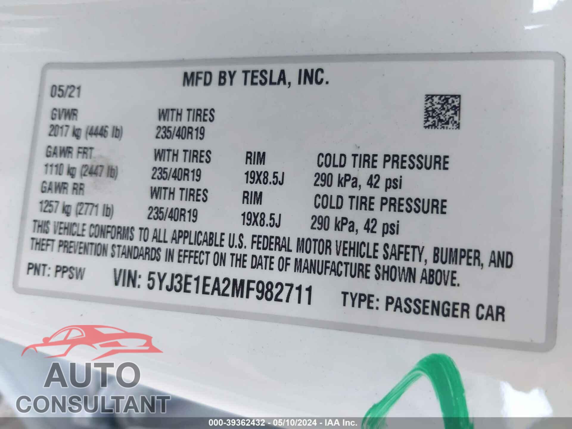 TESLA MODEL 3 2021 - 5YJ3E1EA2MF982711