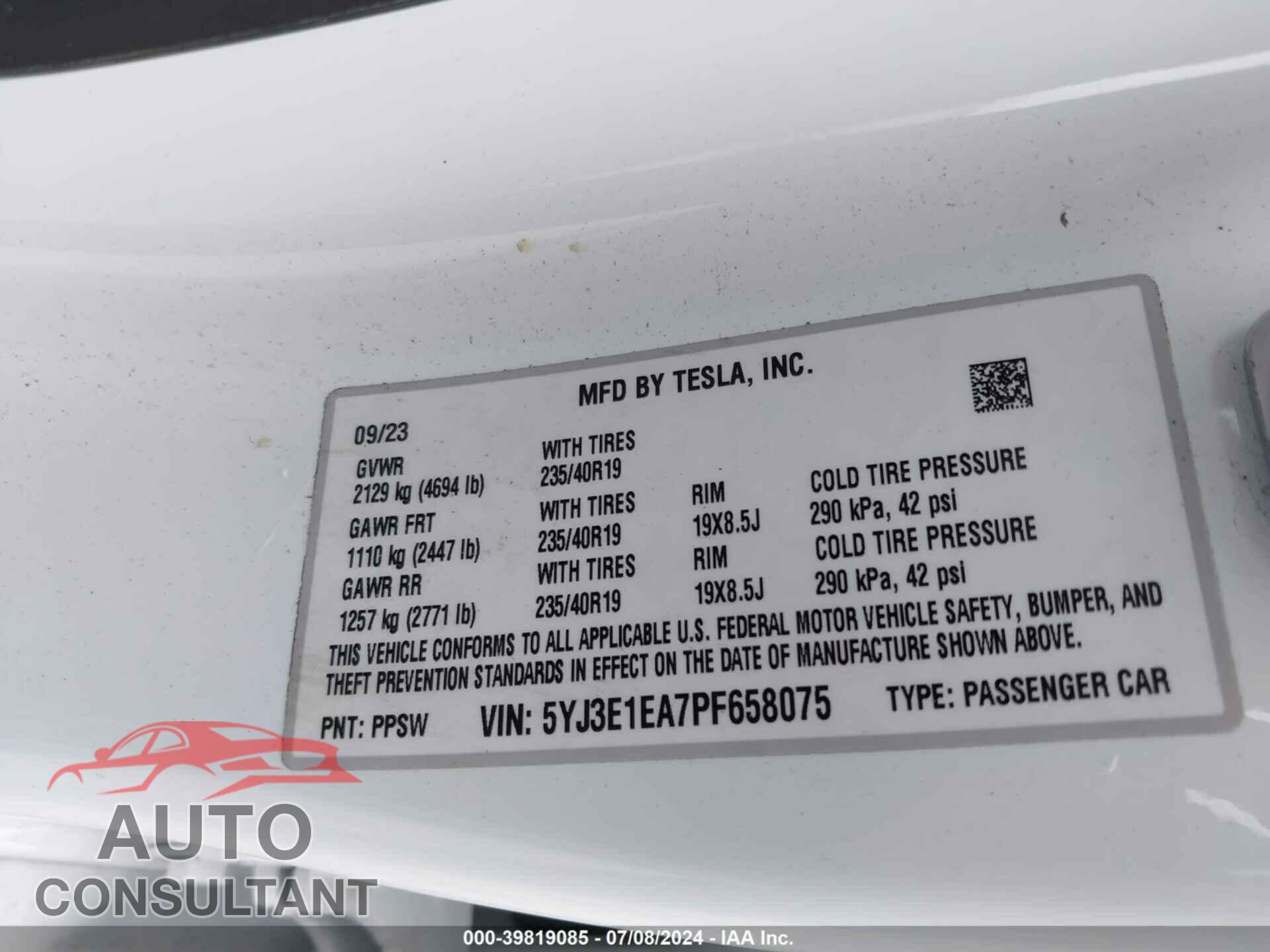 TESLA MODEL 3 2023 - 5YJ3E1EA7PF658075