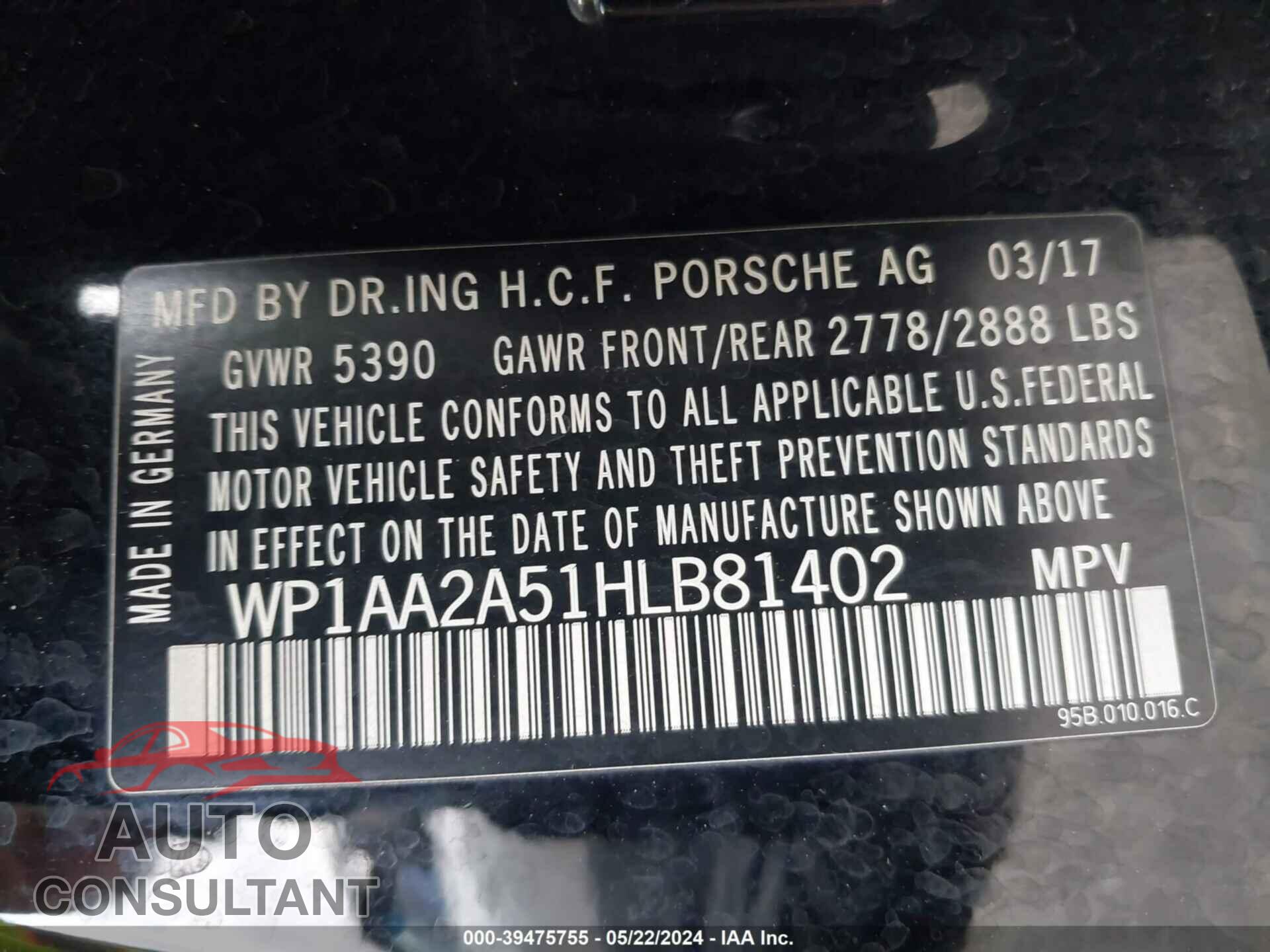 PORSCHE MACAN 2017 - WP1AA2A51HLB81402