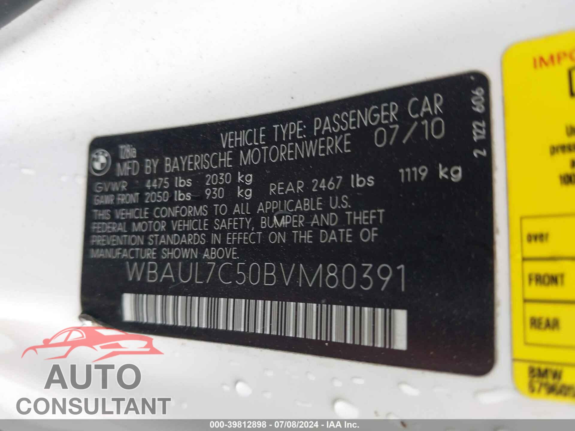 BMW 128I 2011 - WBAUL7C50BVM80391