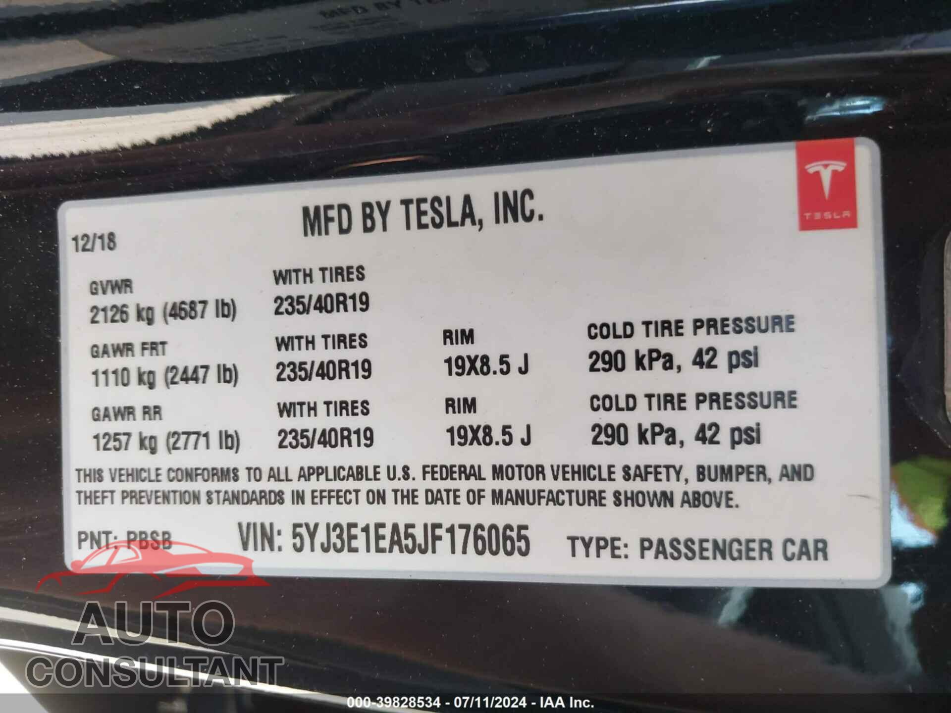 TESLA MODEL 3 2018 - 5YJ3E1EA5JF176065