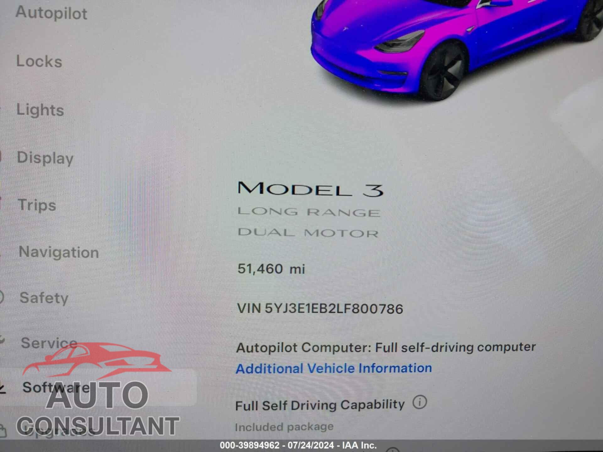 TESLA MODEL 3 2020 - 5YJ3E1EB2LF800786
