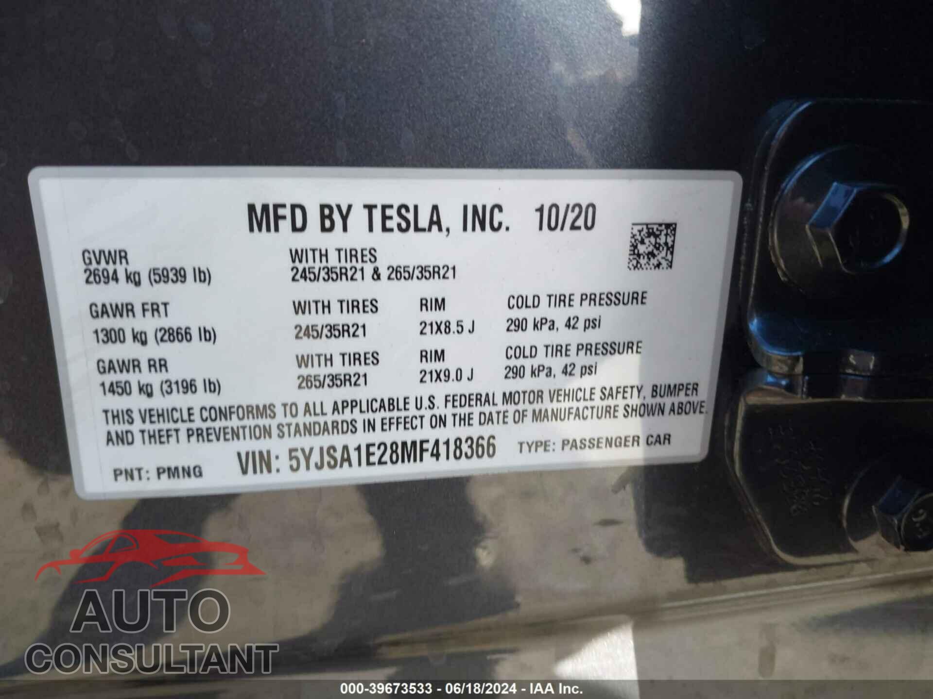 TESLA MODEL S 2021 - 5YJSA1E28MF418366
