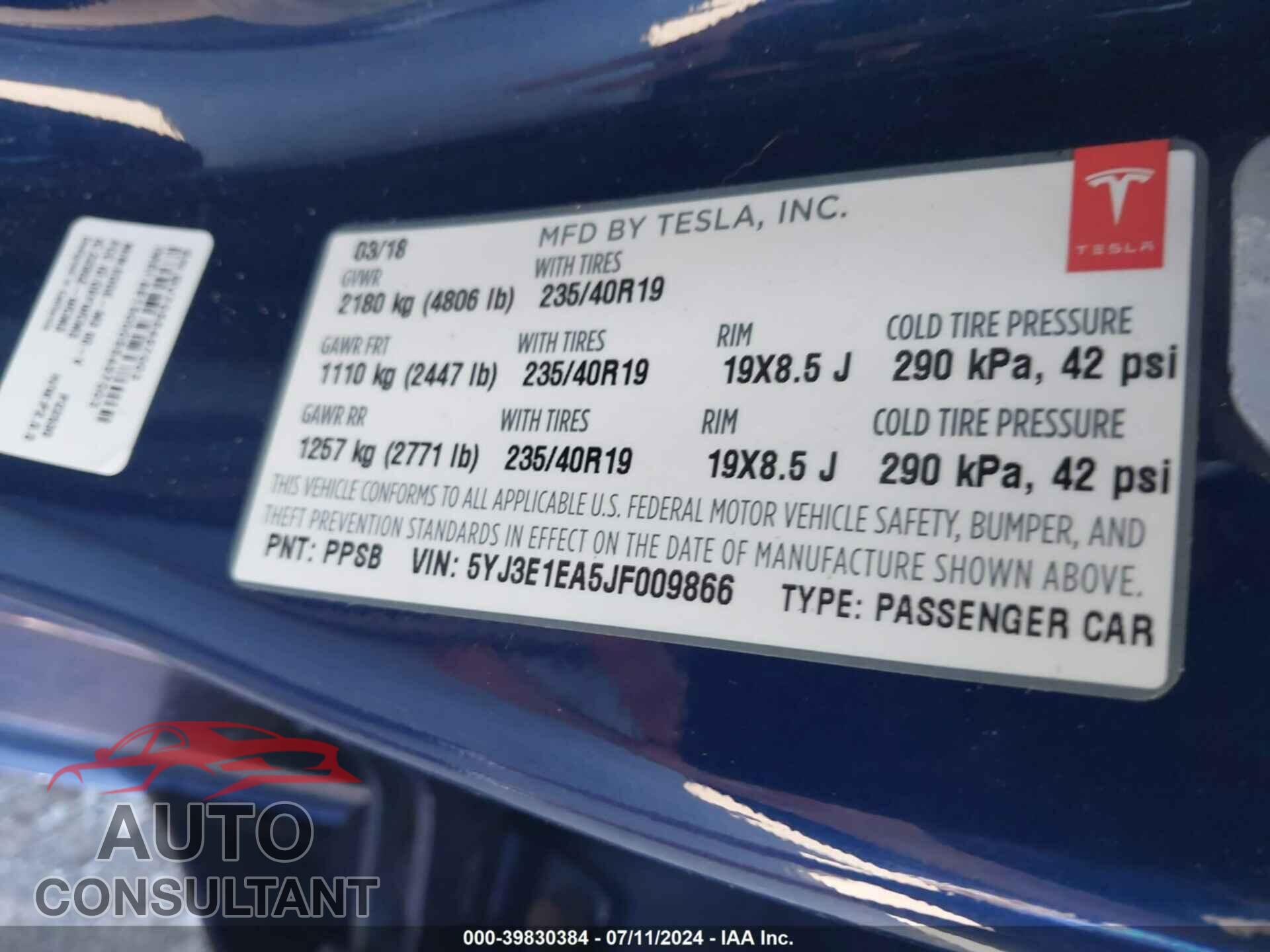 TESLA MODEL 3 2018 - 5YJ3E1EA5JF009866