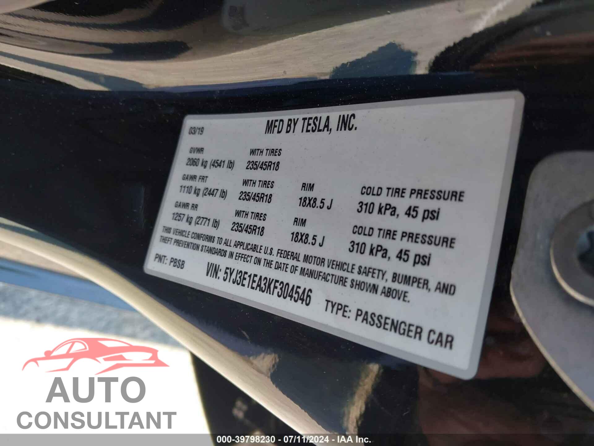 TESLA MODEL 3 2019 - 5YJ3E1EA3KF304546