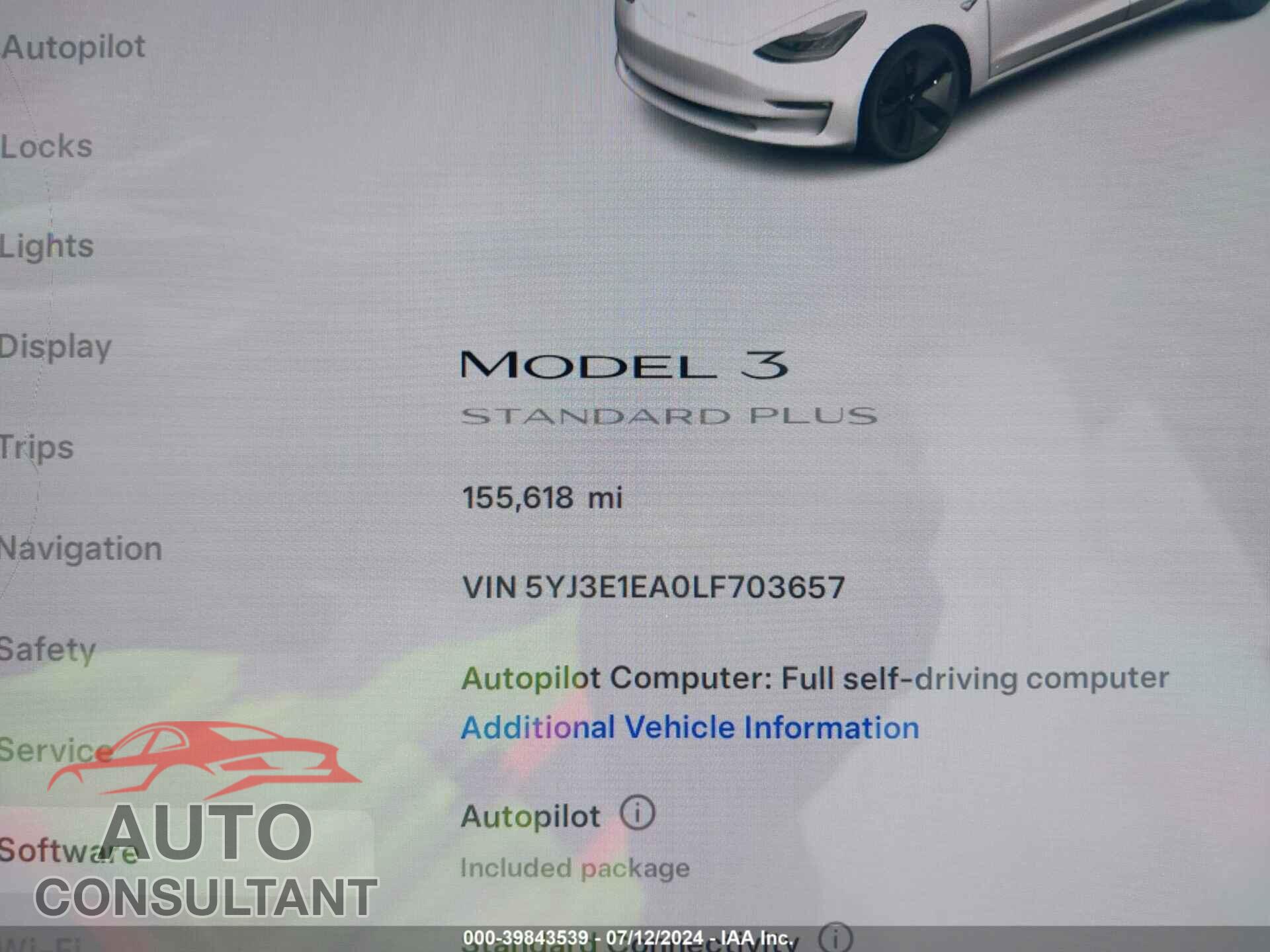 TESLA MODEL 3 2020 - 5YJ3E1EA0LF703657