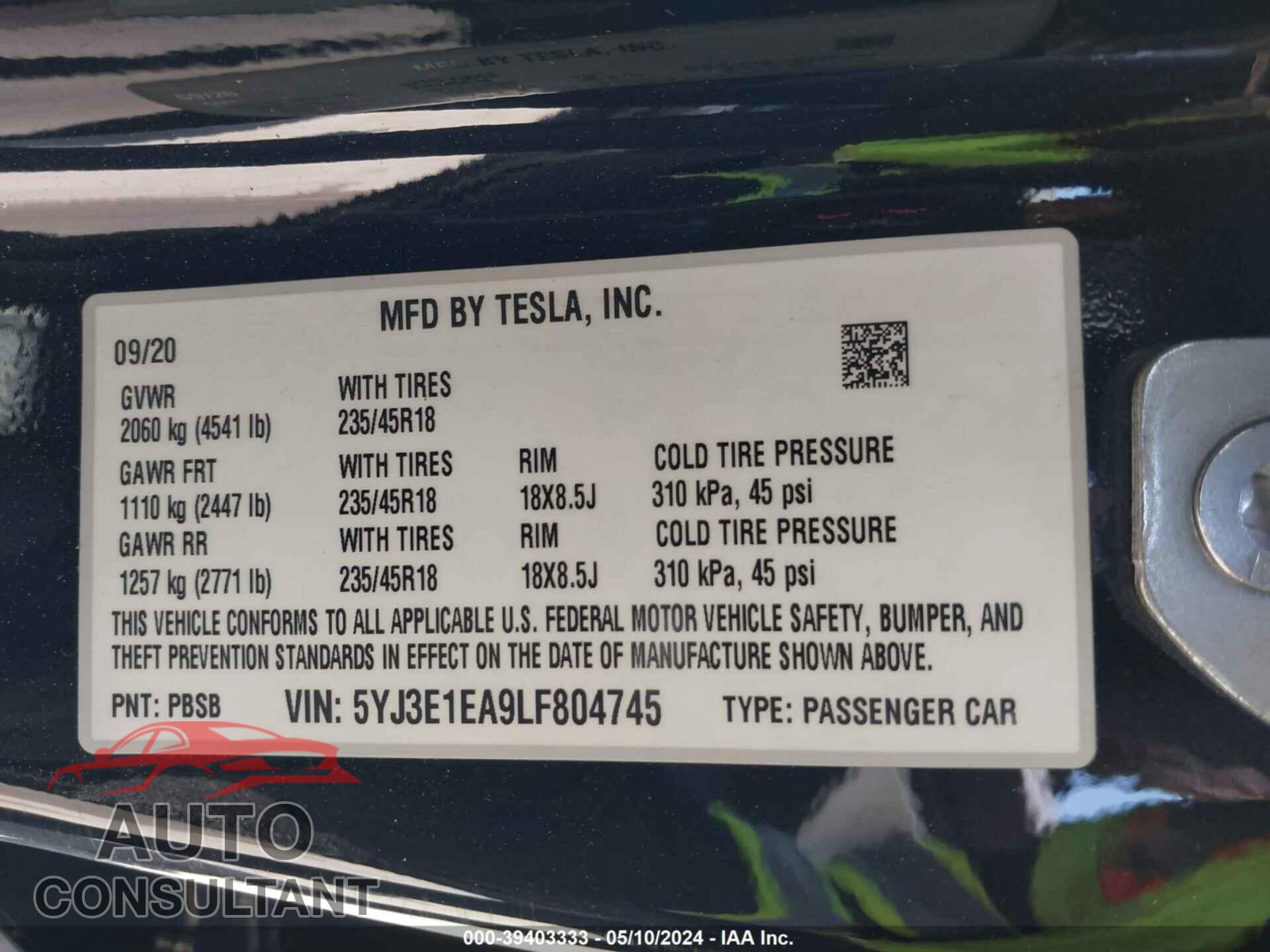 TESLA MODEL 3 2020 - 5YJ3E1EA9LF804745
