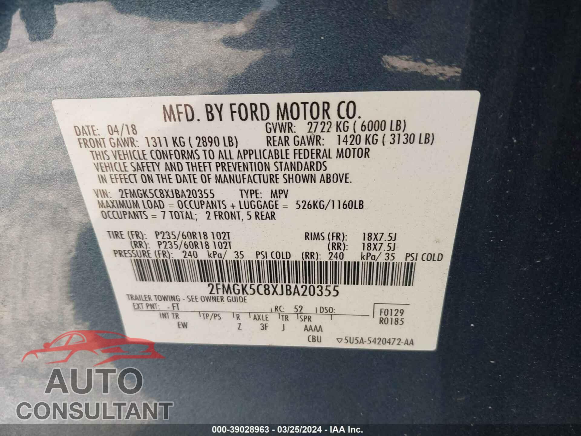 FORD FLEX 2018 - 2FMGK5C8XJBA20355