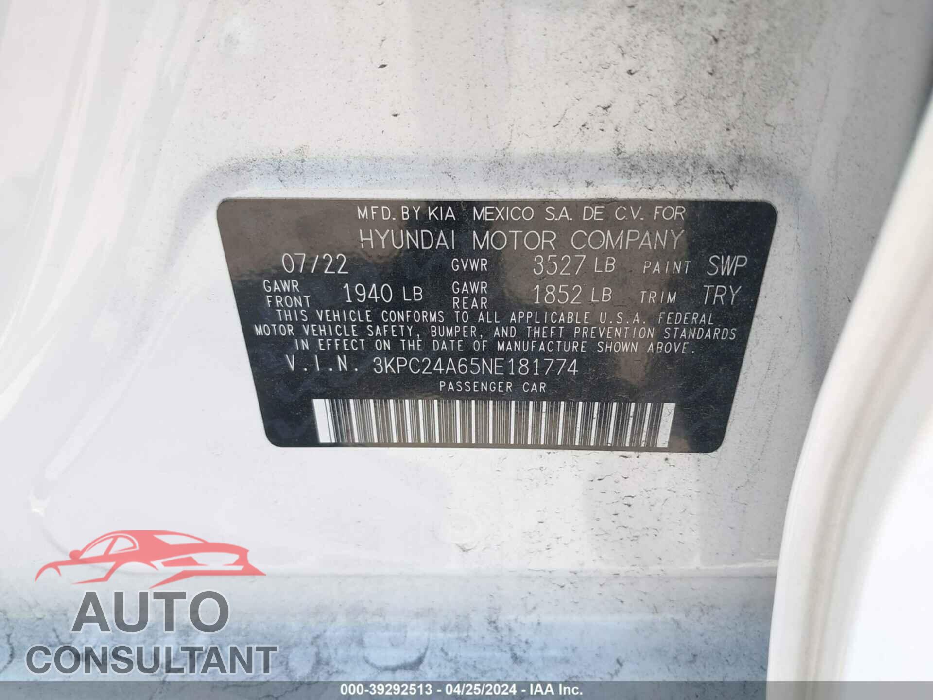 HYUNDAI ACCENT 2022 - 3KPC24A65NE181774