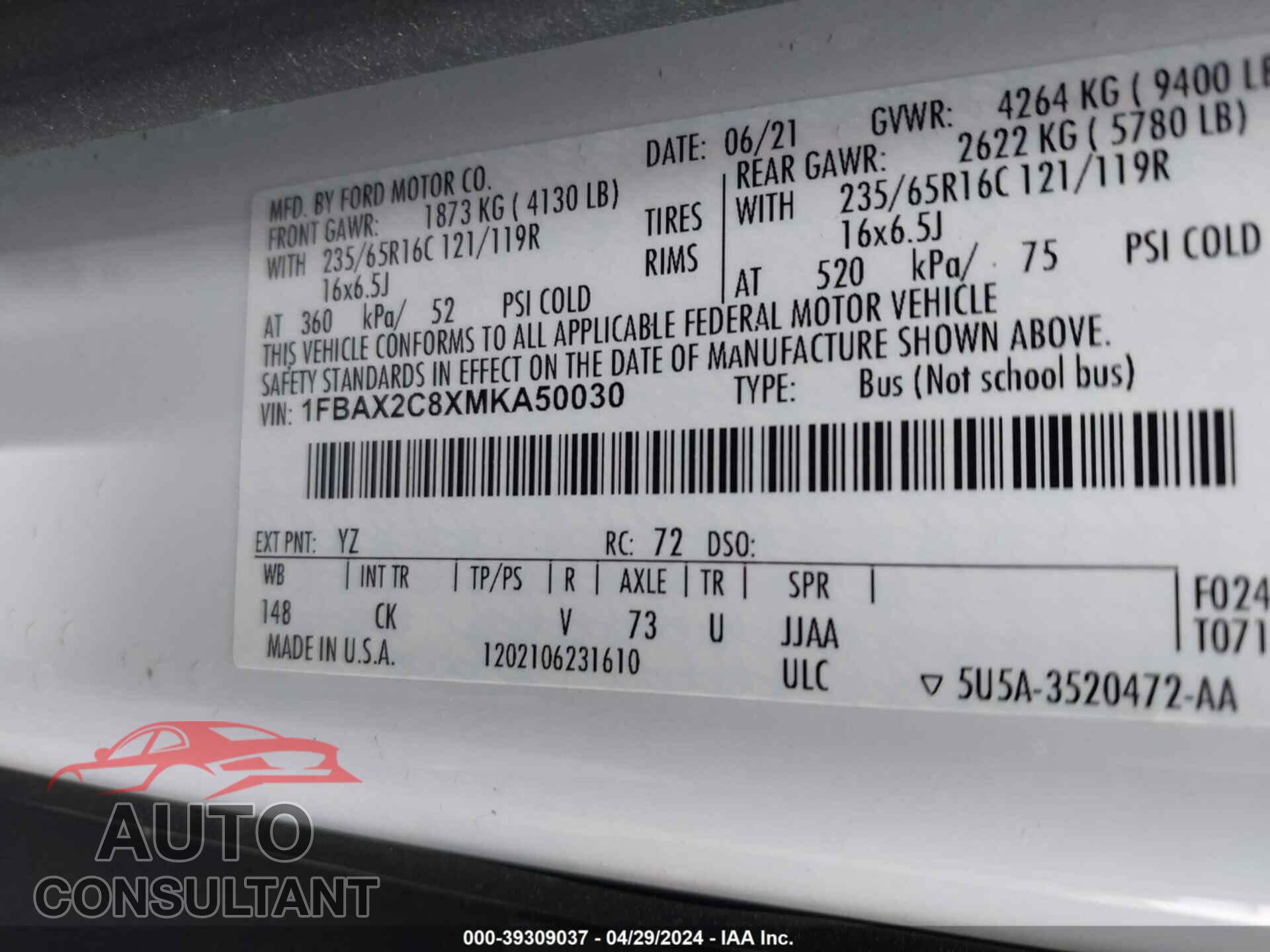 FORD TRANSIT 2021 - 1FBAX2C8XMKA50030
