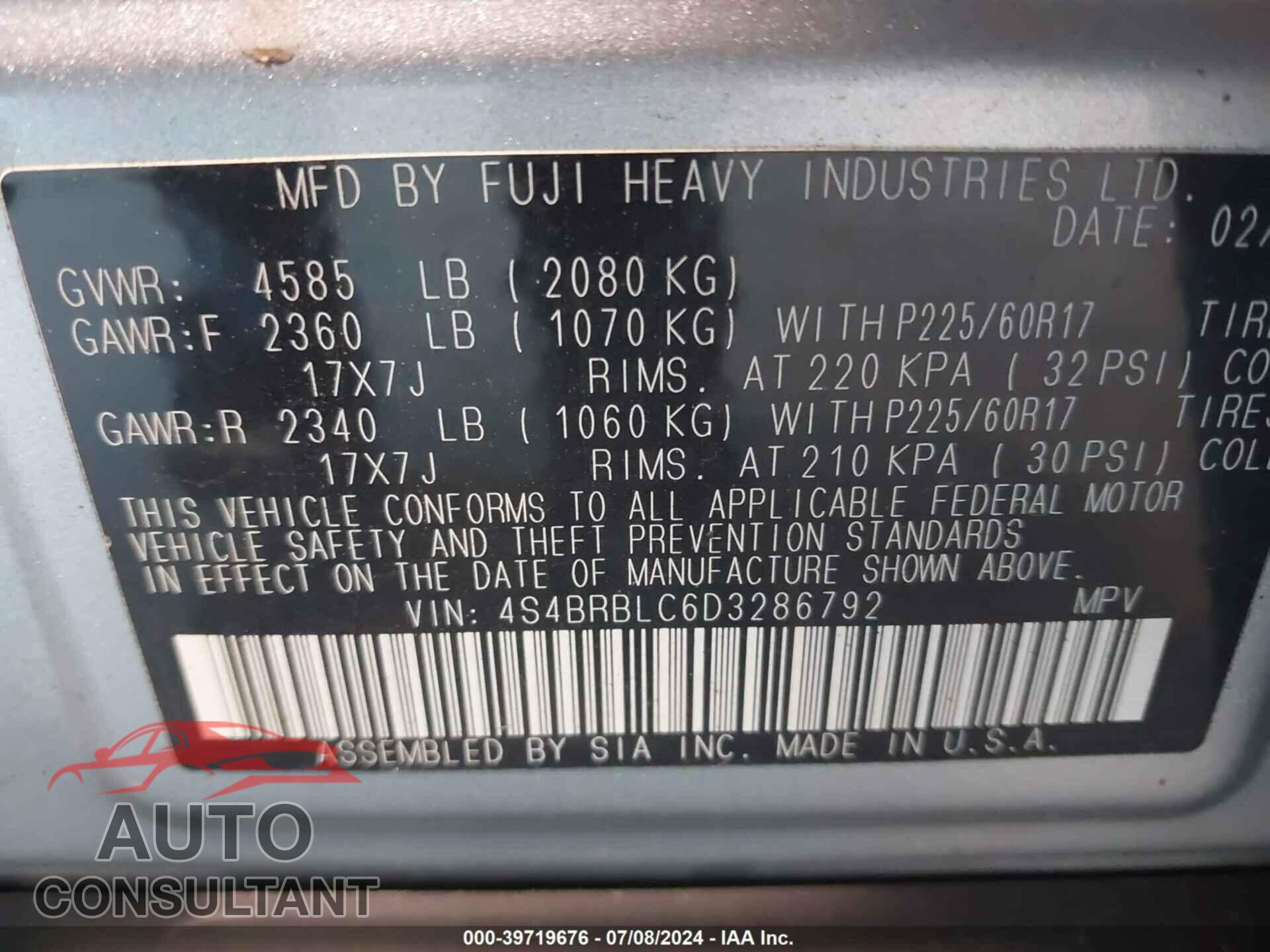 SUBARU OUTBACK 2013 - 4S4BRBLC6D3286792