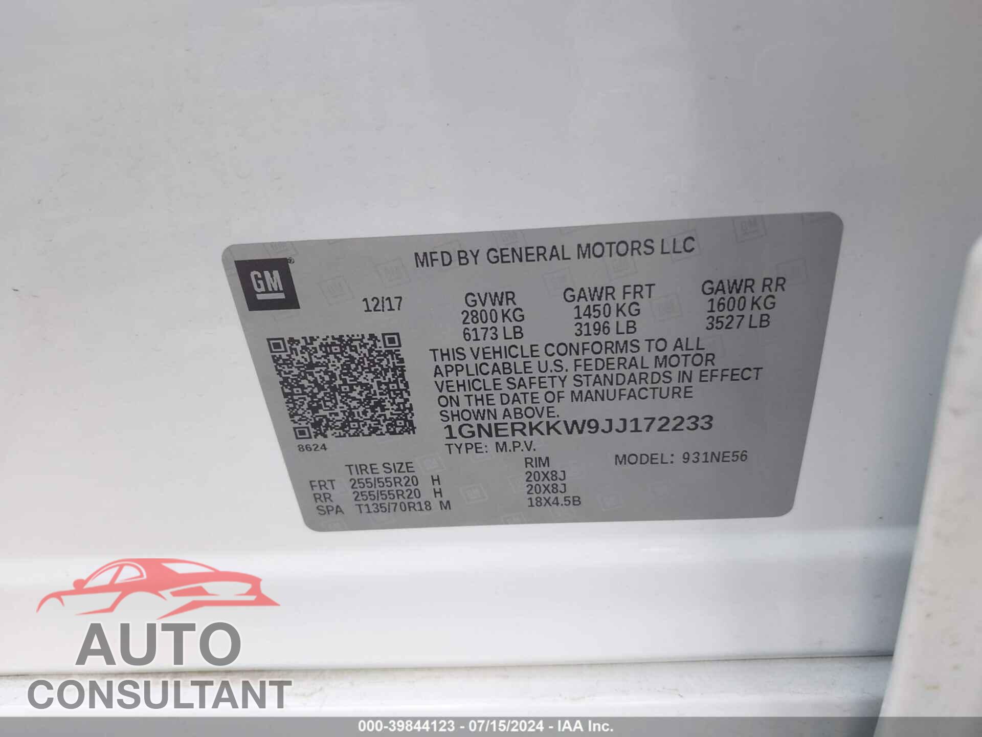 CHEVROLET TRAVERSE 2018 - 1GNERKKW9JJ172233